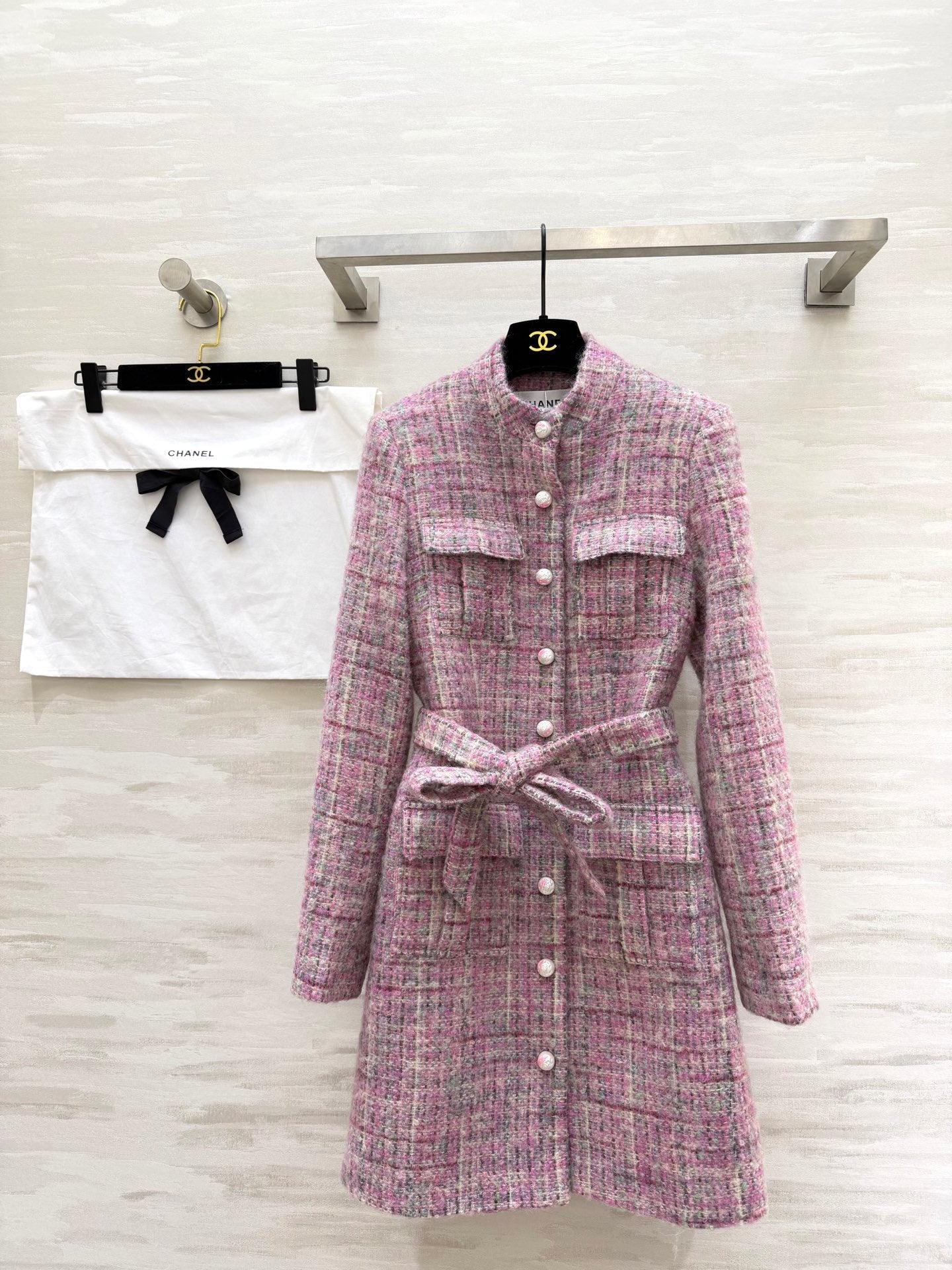 CC Woven Tweed Long-Sleeved Dress Pink Tweed 343192