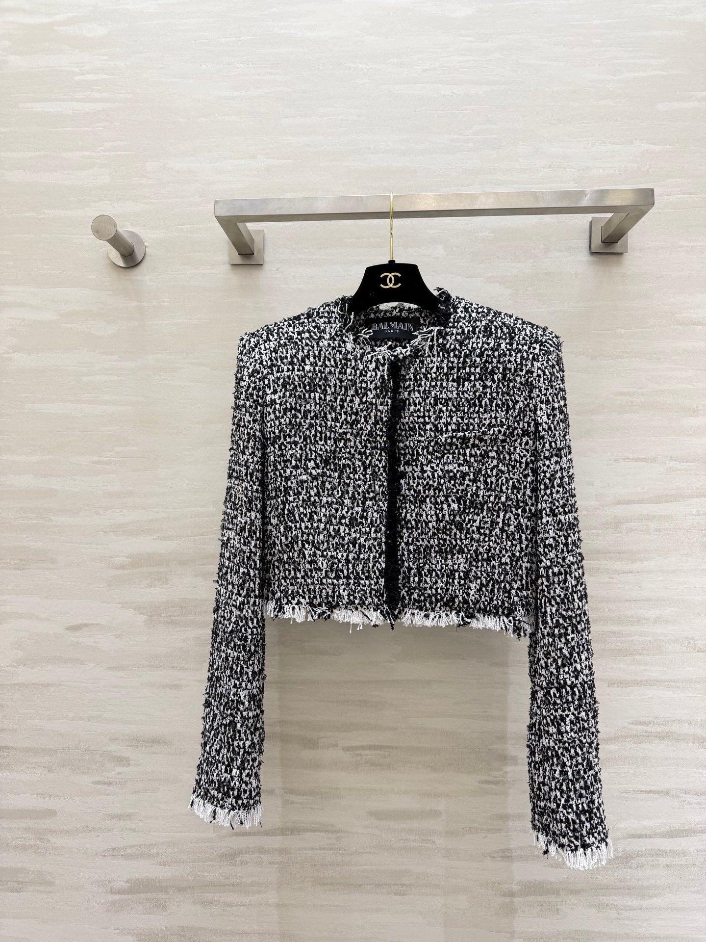 Balmain Short Jacket Black White Tweed 344762