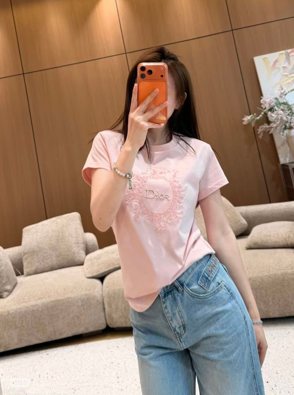 CD 26s T-shirt 3D Hand-Beaded Light Pink Cotton 363657
