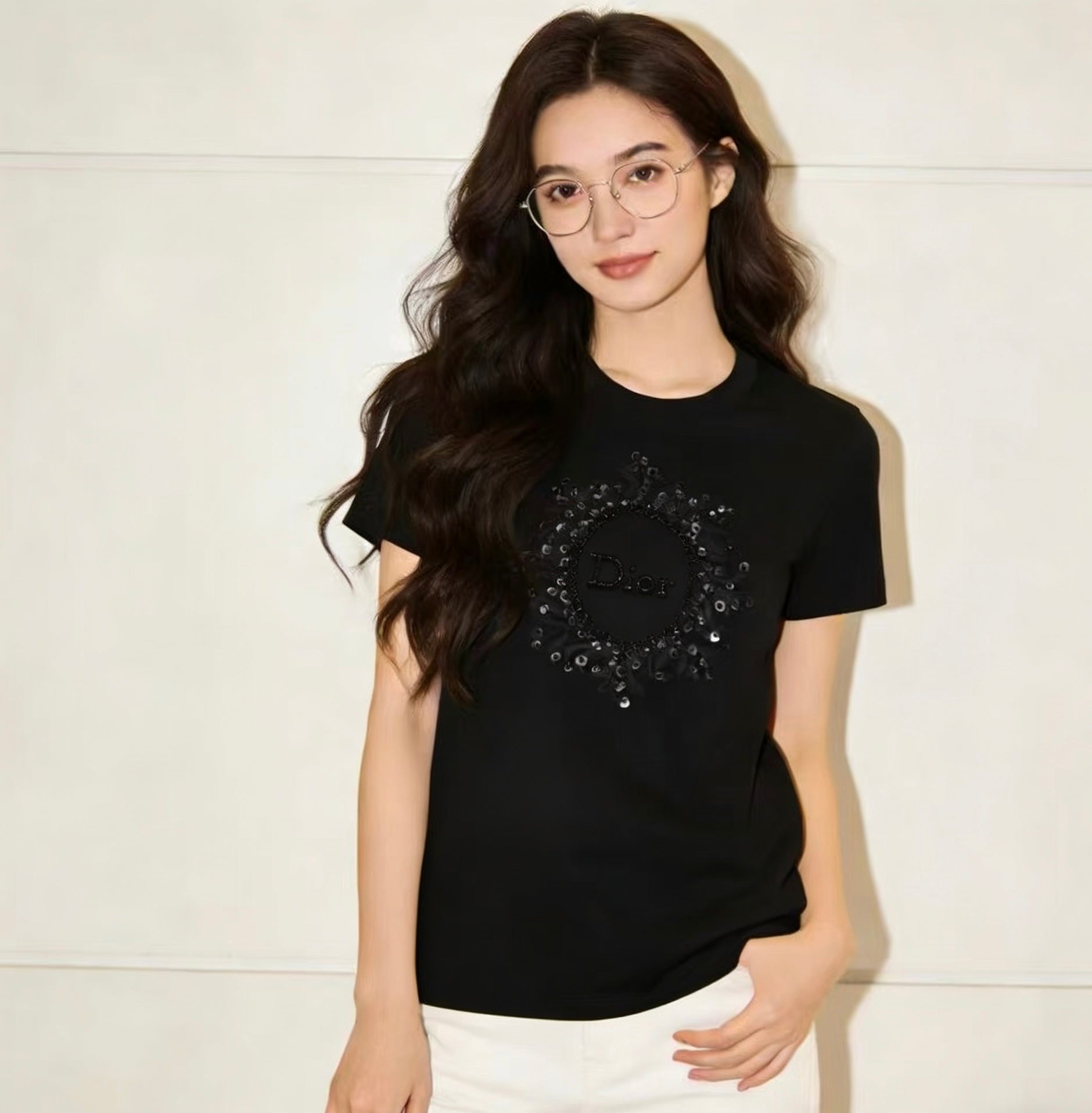 CD 26s T-shirt 3D Hand-Beaded Black Cotton 363659