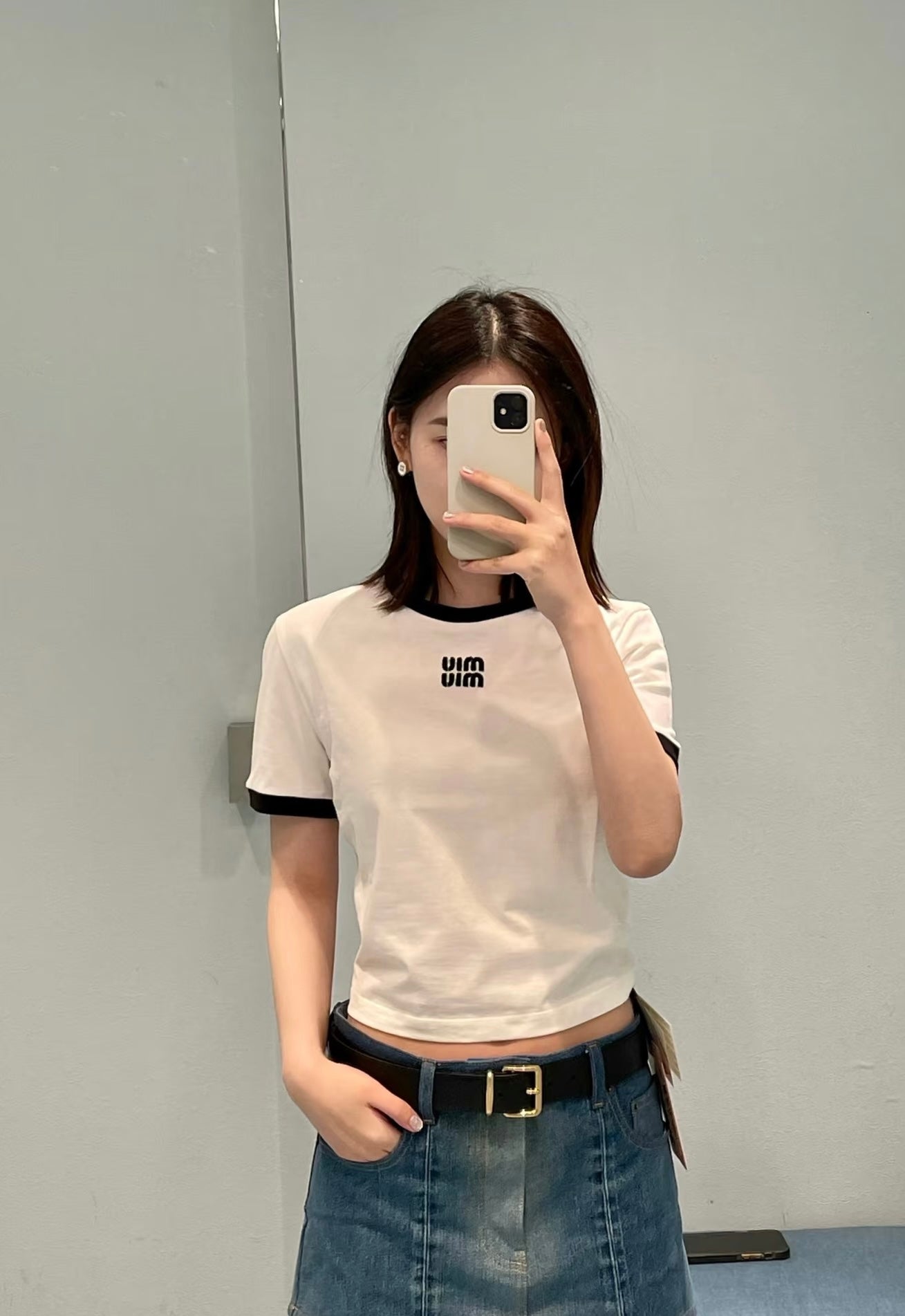 Miu 26s Ribbed Neck Letter T-Shirt White Cotton 363629
