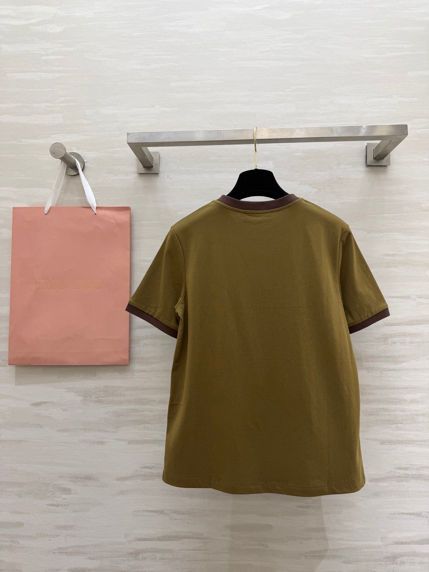 Miu 26s Ribbed Neck Letter T-Shirt Brown Cotton 363631