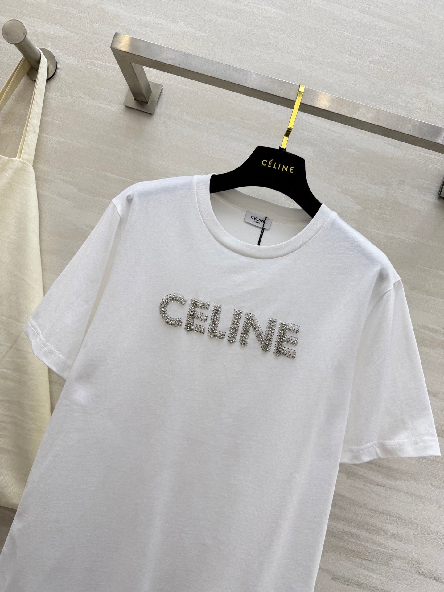 Celine 26s T-Shirt Rhinestone White Cotton 363624