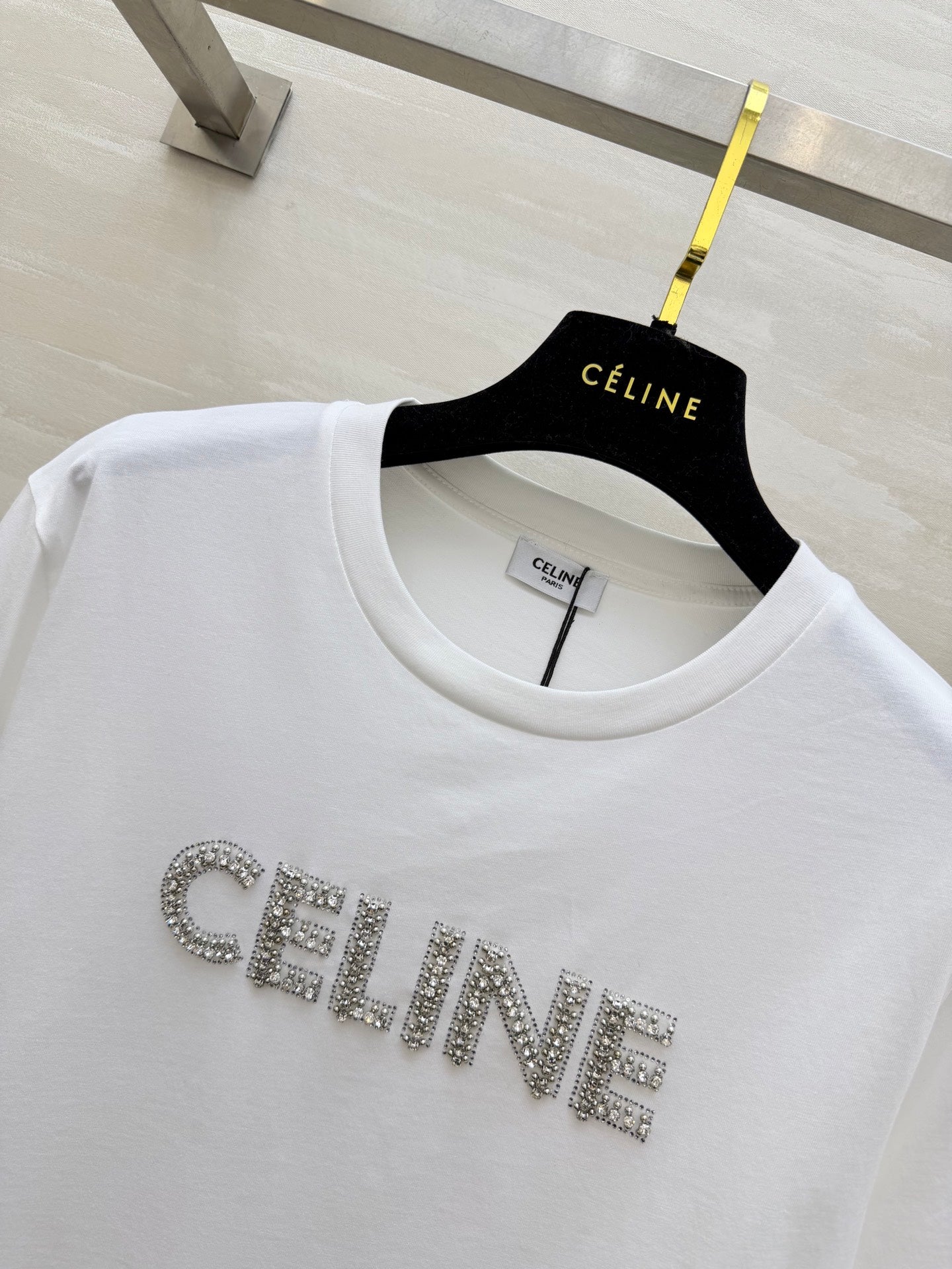 Celine 26s T-Shirt Rhinestone White Cotton 363624