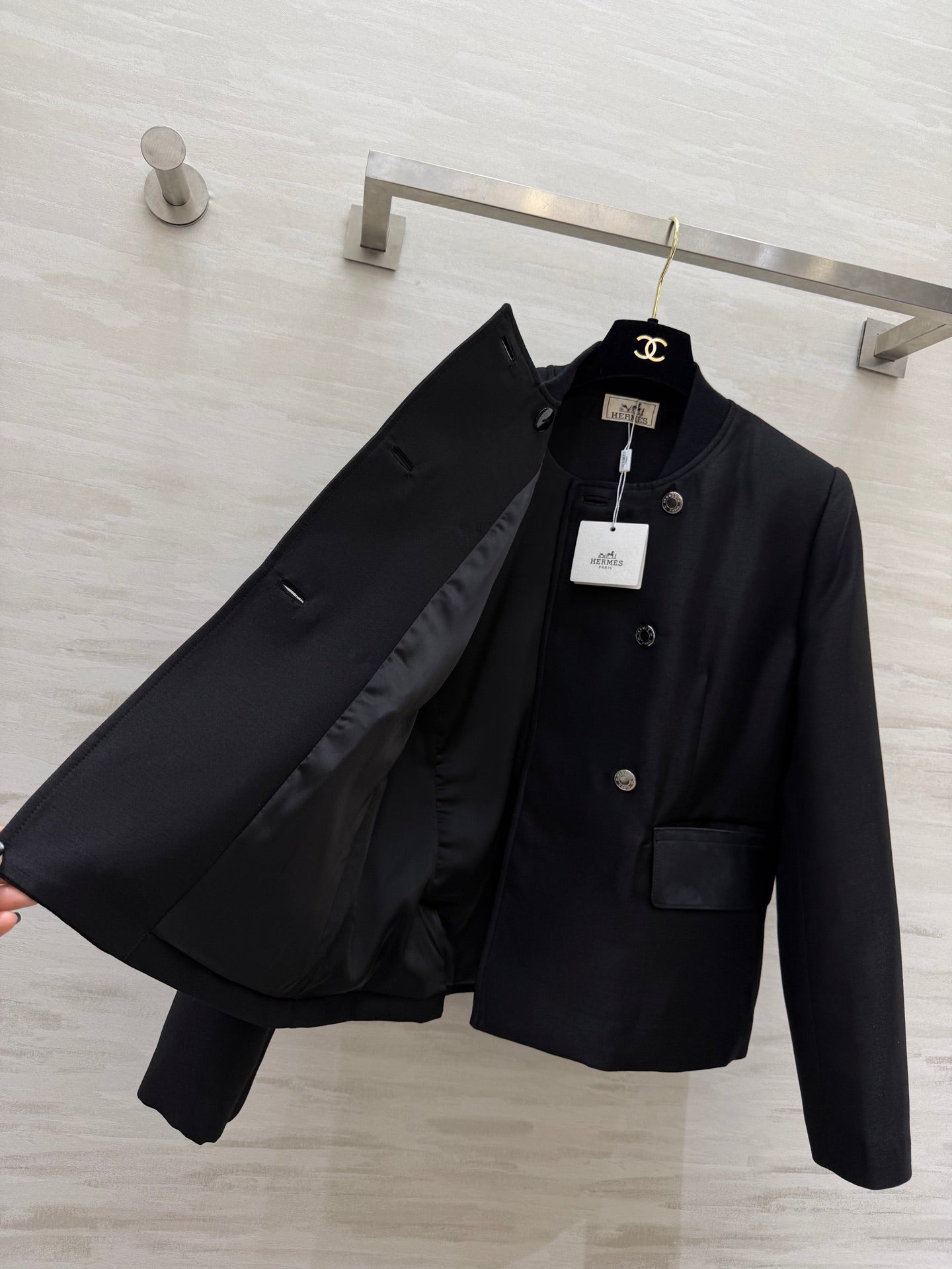 HM 26s Short Pea Coat Black Cashmere Leather 363607