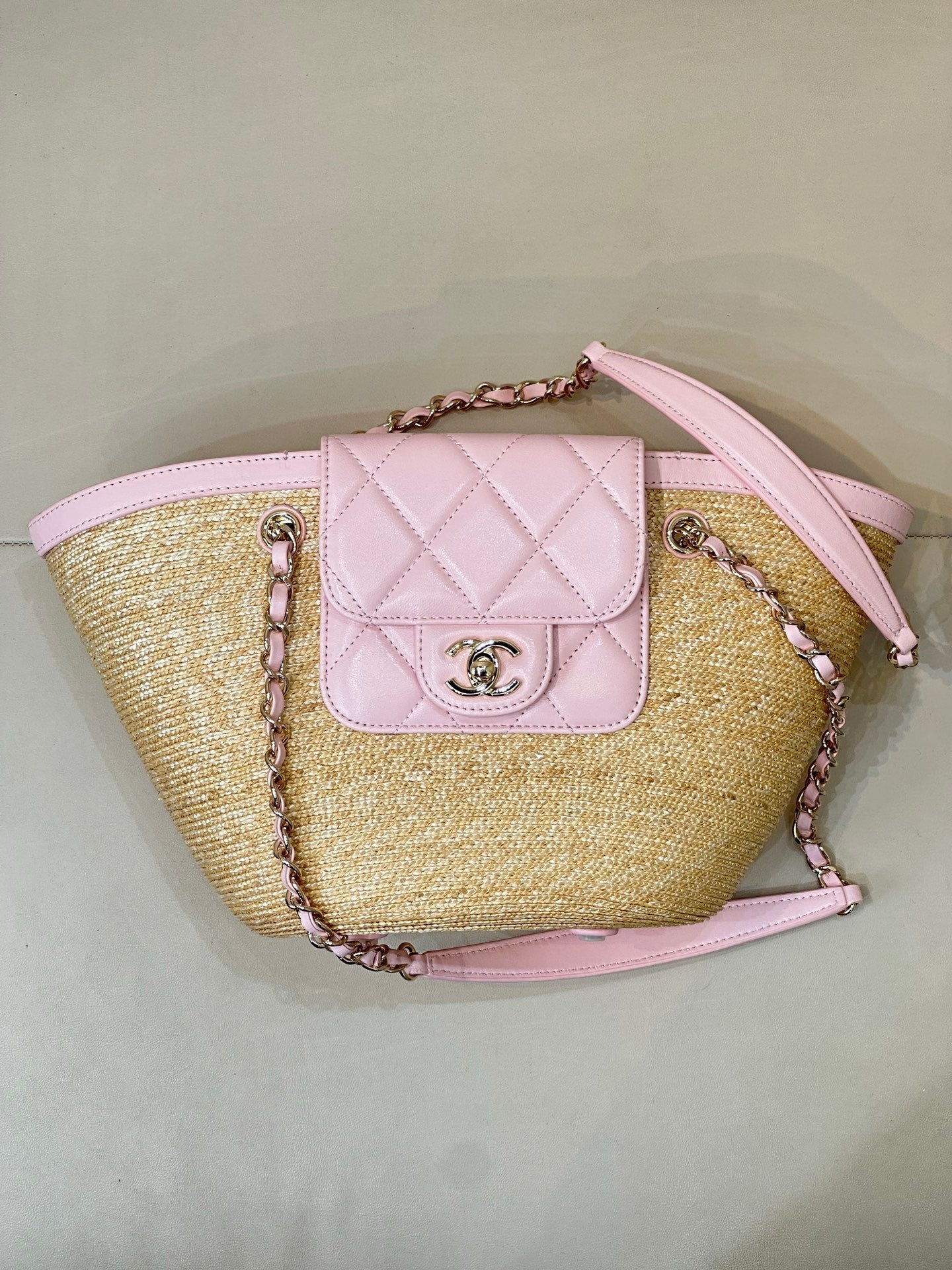 Chanel 2026 Shopping Bag 40cm Beige PInk Straw Lambskin