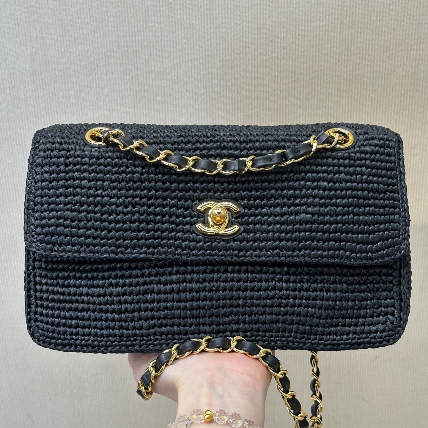 CC 26s Coco Beach Flap Bag Black Raffia 143485