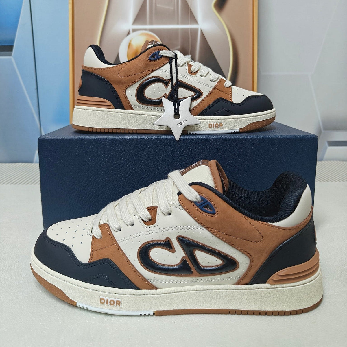 Dior 26s Low-Top Sneaker In White & Brown And Black Calfskin