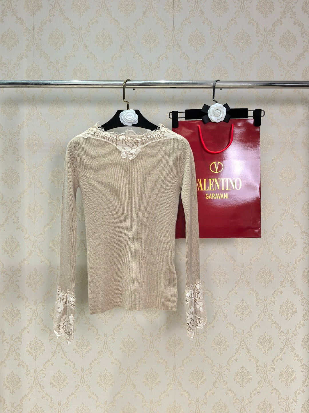 Valentino 26s Lace-Trimmed Off-Shoulder Long Sleeve 424810