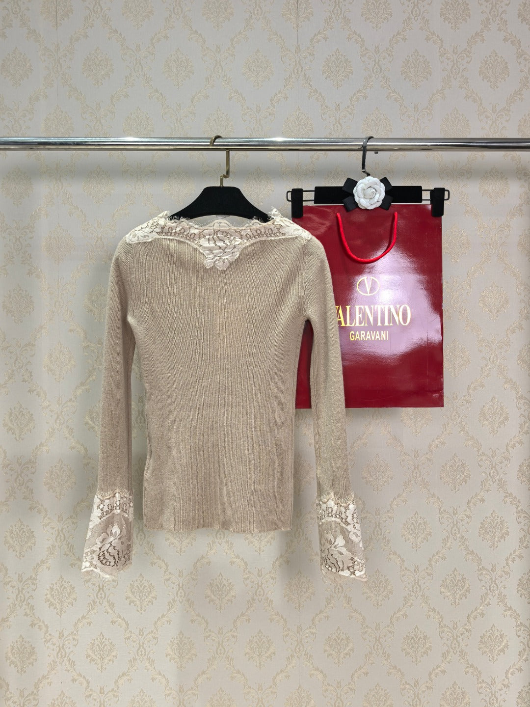 Valentino 26s Lace-Trimmed Off-Shoulder Long Sleeve 424810