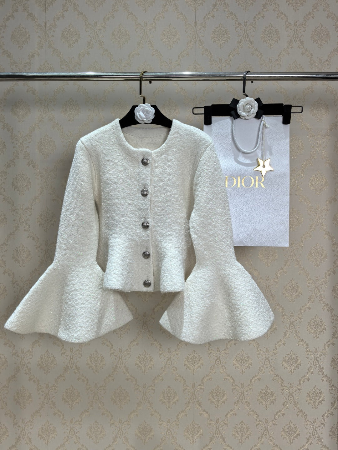Dior 2026 Flared Bell Sleeves Peplum Cardigan Jacket Virgin Wool Blend 438241