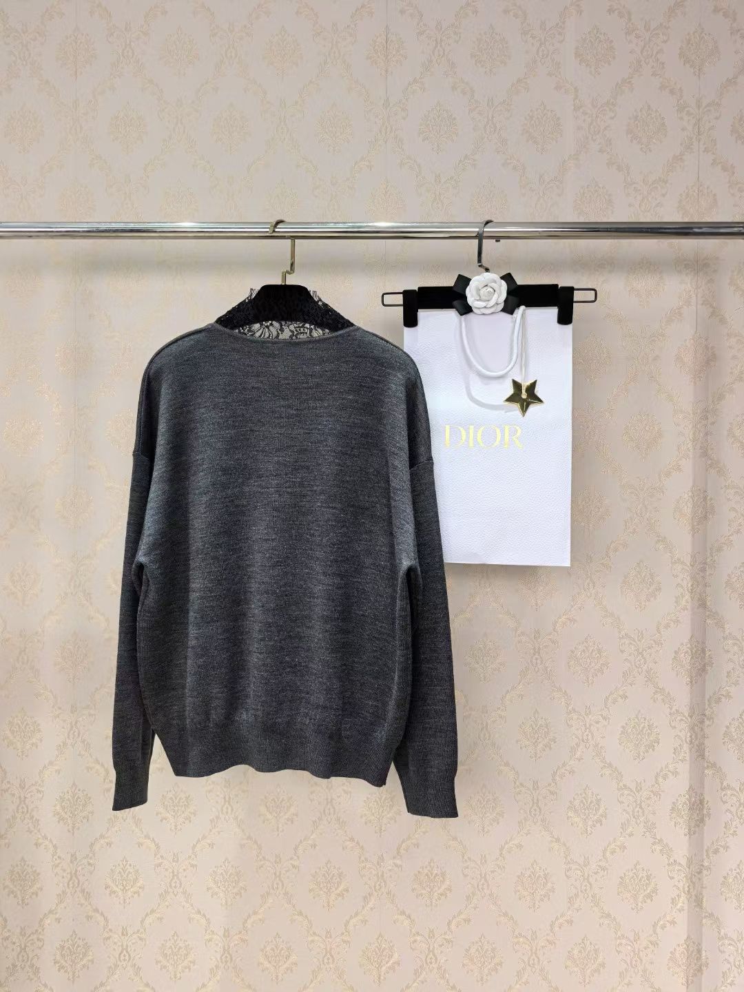 Dior 2026 Lace Trim V-Neck Pullover Sweater Wool Blend 438219