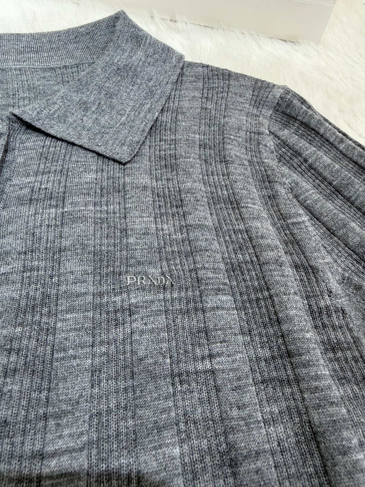 Prada 2026 Ribbed Knit Long Sleeve Polo Shirt Wool Blend 438220