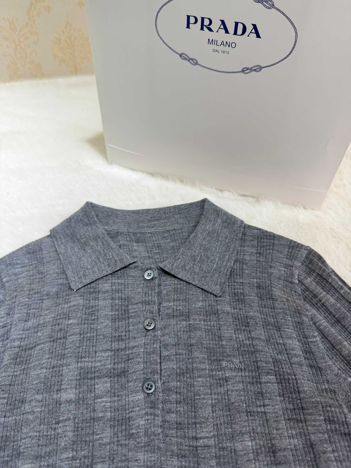 Prada 2026 Ribbed Knit Long Sleeve Polo Shirt Wool Blend 438220
