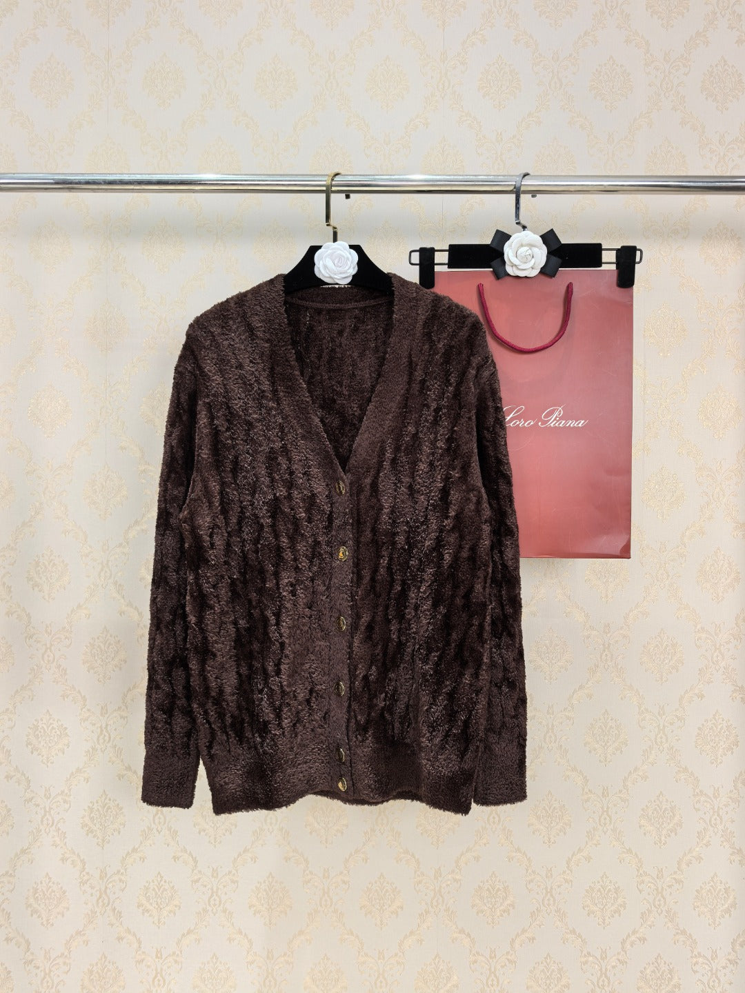 Loro Piana 26s Cardigan Brown Furry Knit 448125