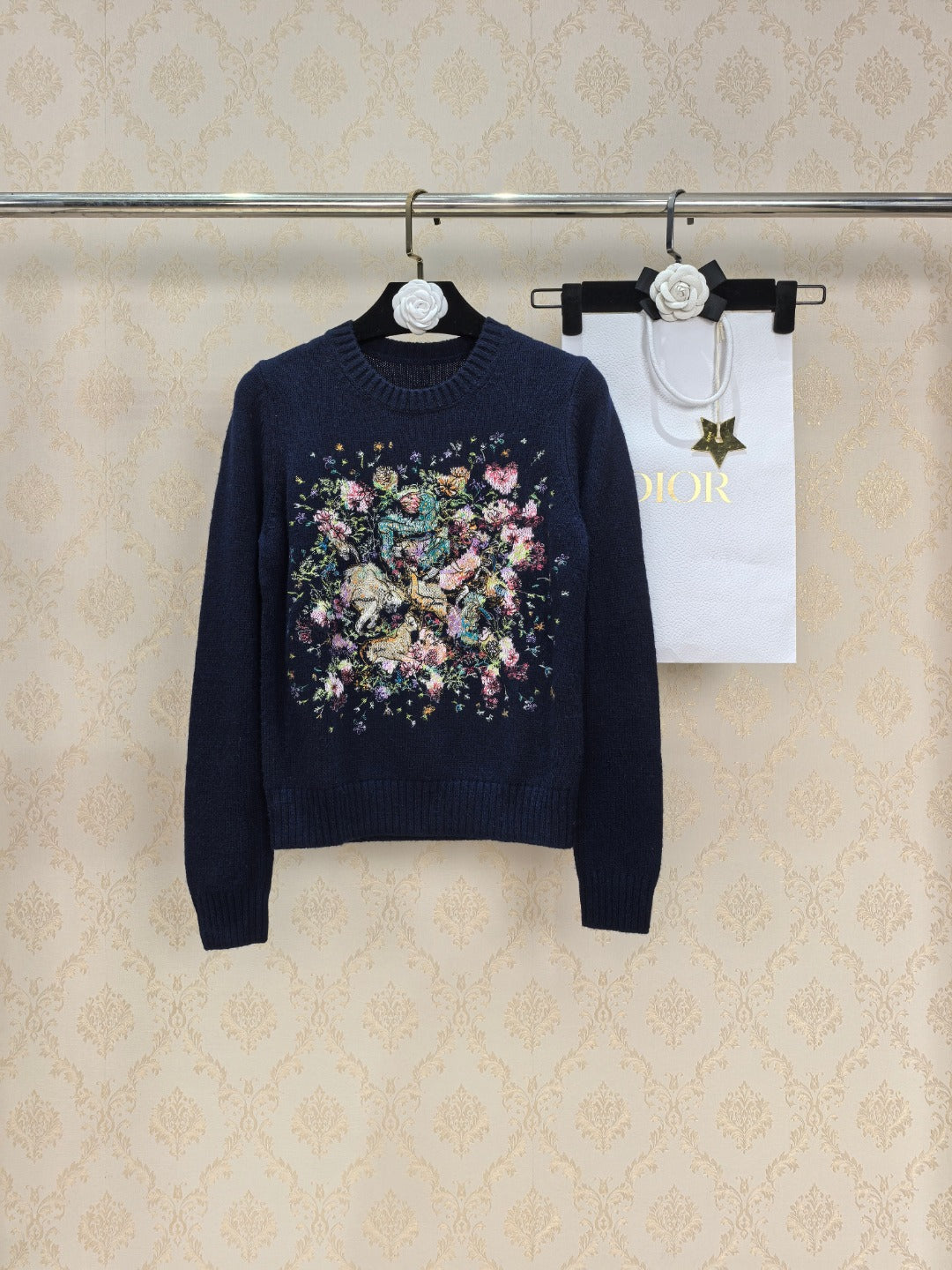 Dior 26s Floral Intarsia Knit Sweater Navy Blue 451035