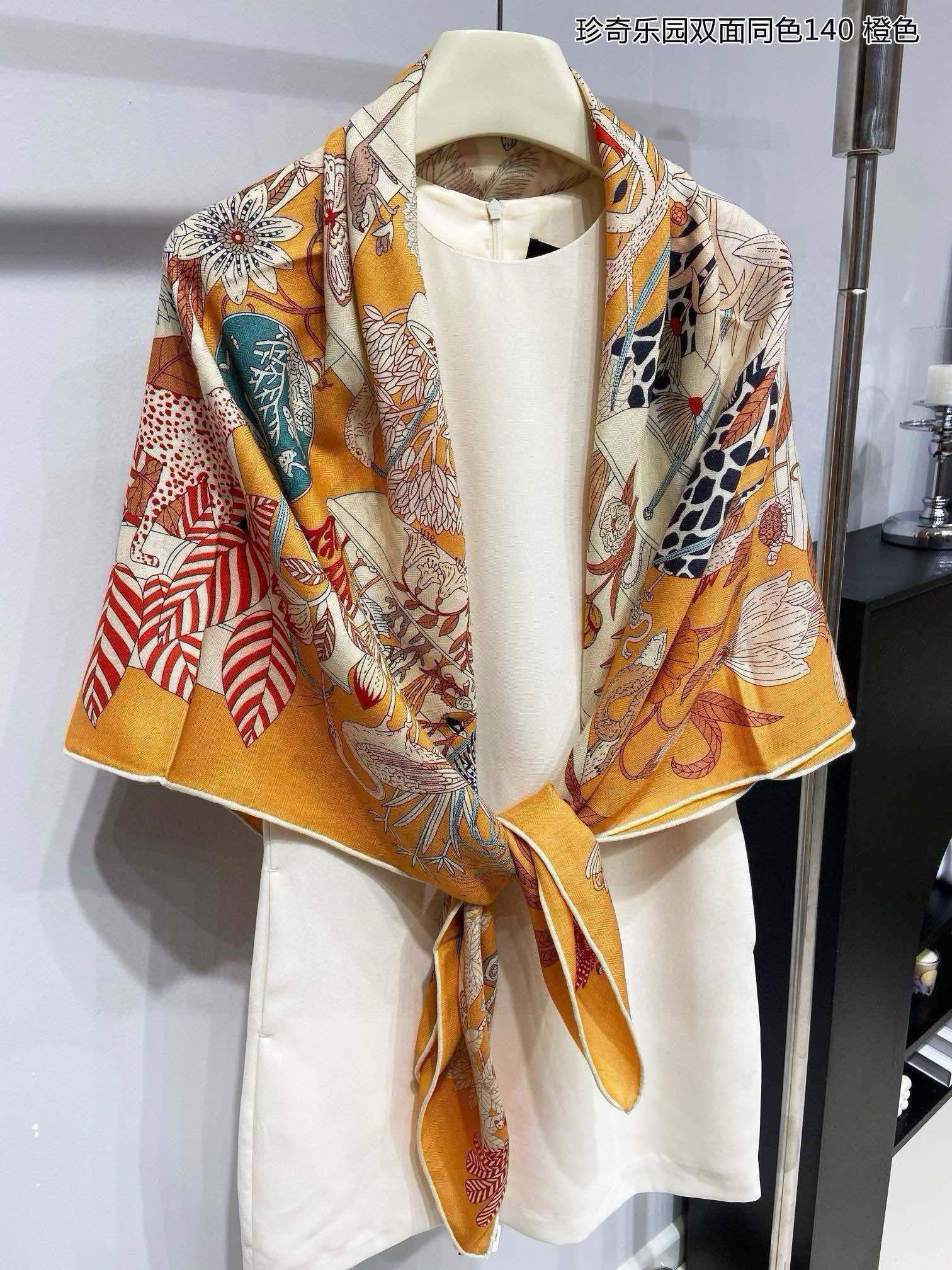 Square Scarf 140 CM Yellow Orange Colorful Cashmere And Silk