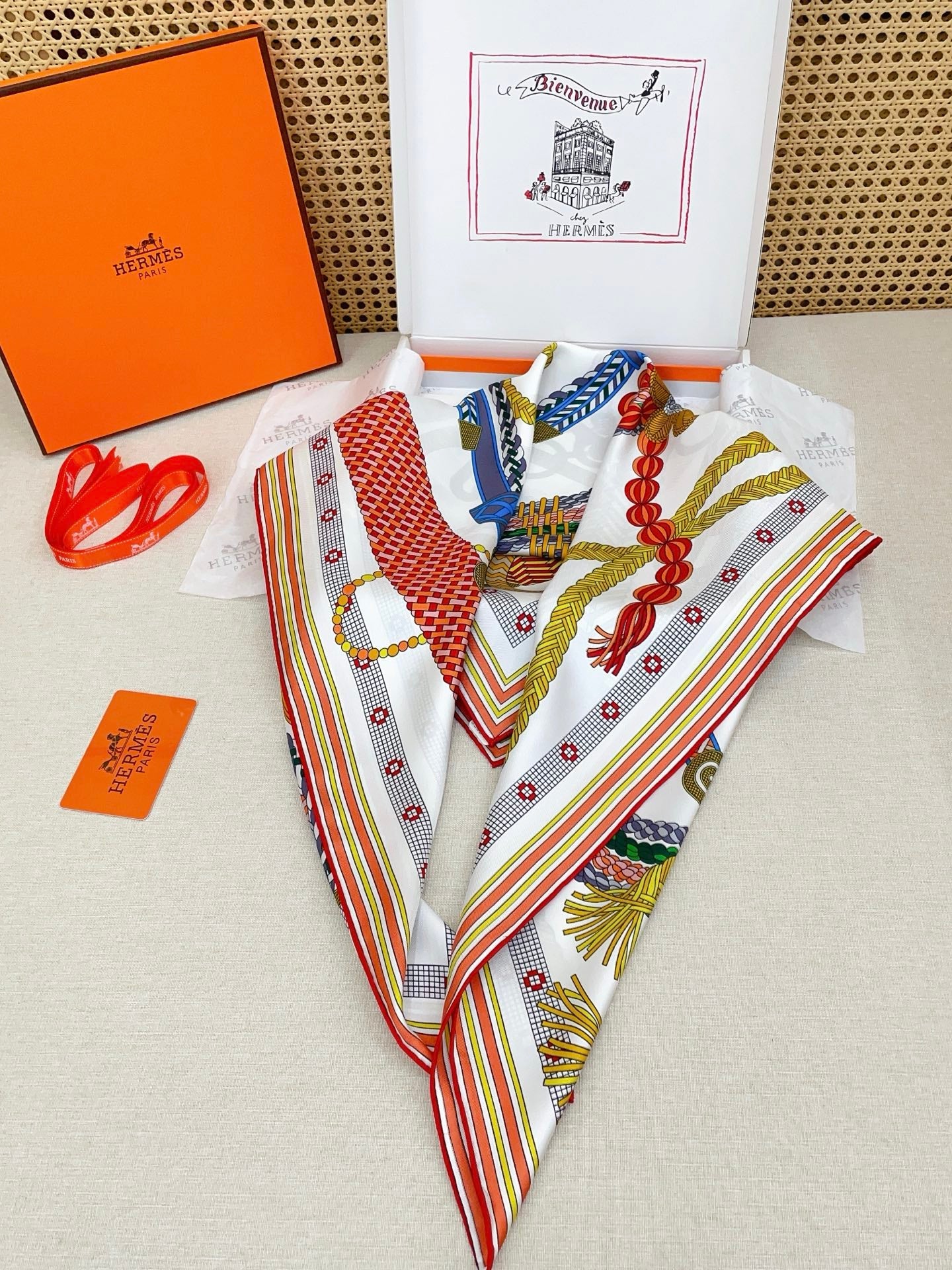 HM Tout en Tresse Scarf 90x90 Orange Colorful Twill Silk 223500