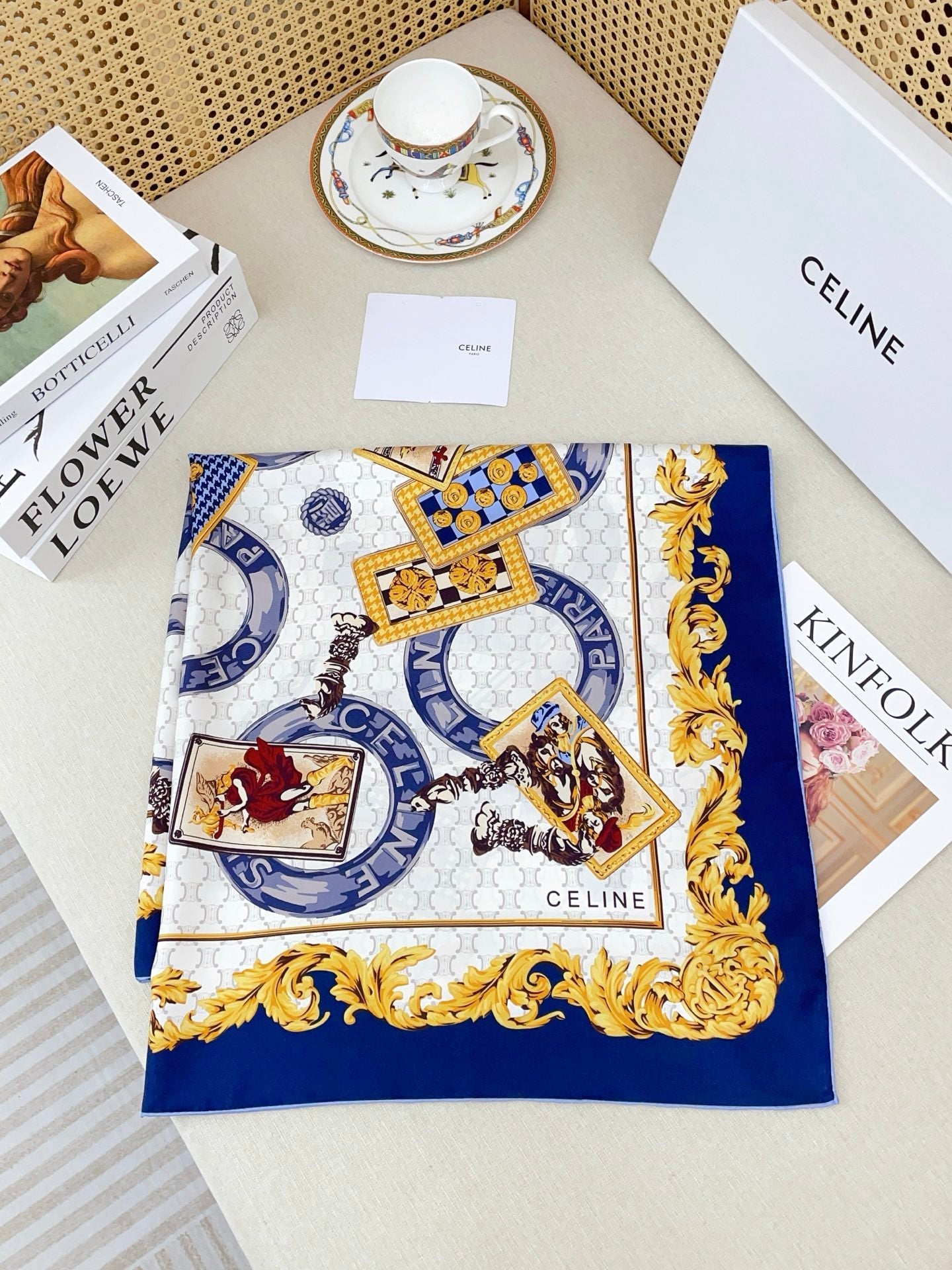 Celine 26s Scarf 90x90 Navy Blue Colorful Twill Silk 212024