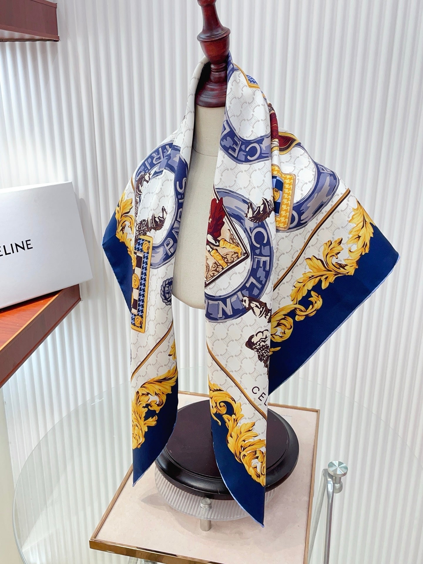 Celine 26s Scarf 90x90 Navy Blue Colorful Twill Silk 212024