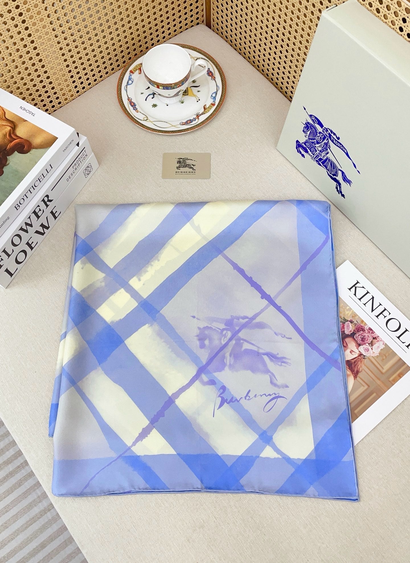 Burberry Watercolour Scarf 90x90 Blue Colorful Twill Silk 223487