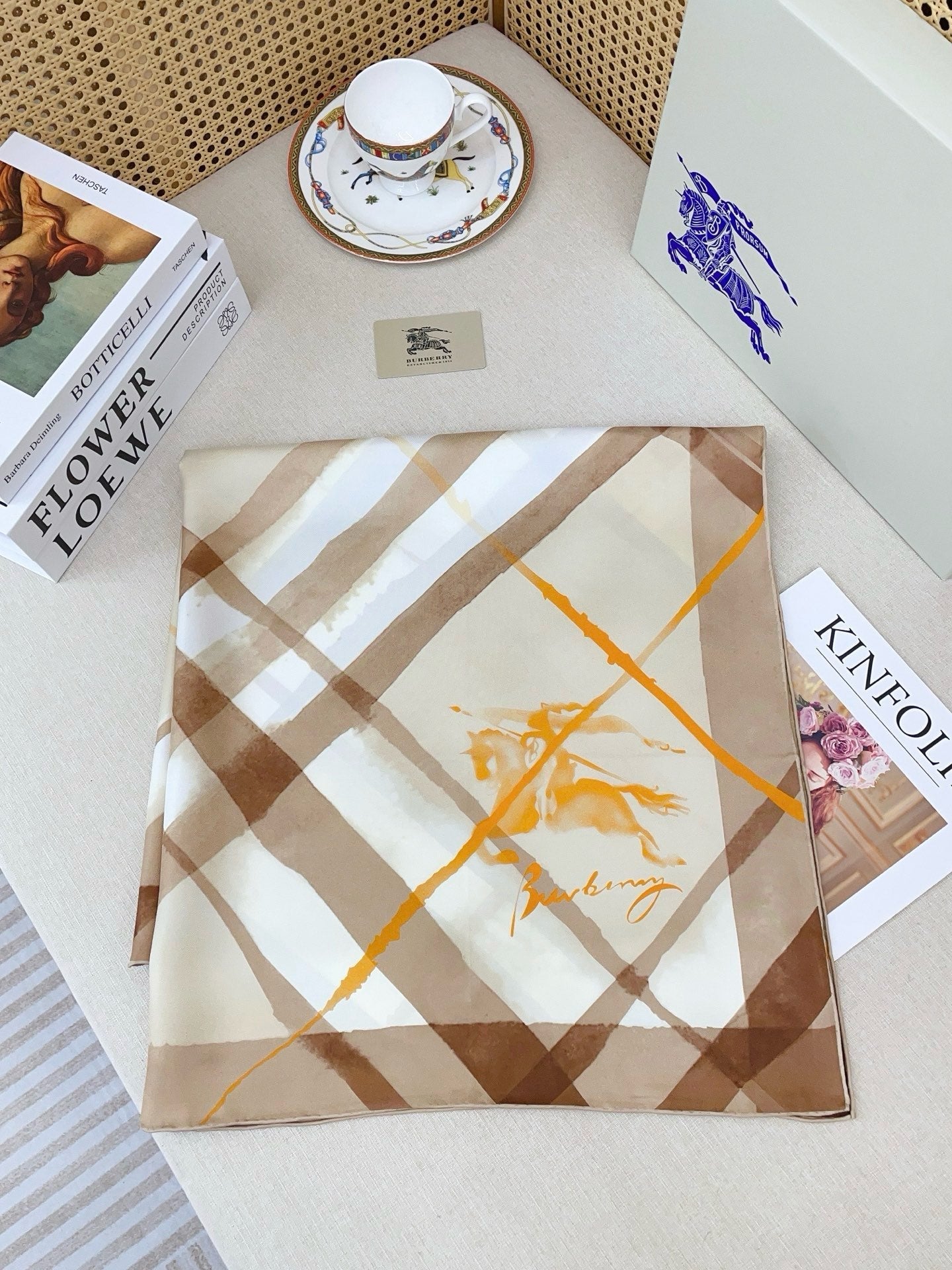 Burberry Watercolour Scarf 90x90 Beige Colorful Twill Silk 223489