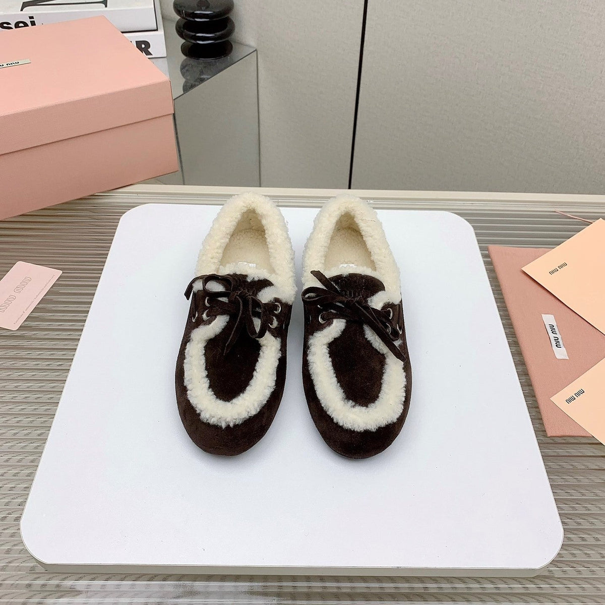 Miu 26s Suede Shearling Moccasin Loafers Brown 160284