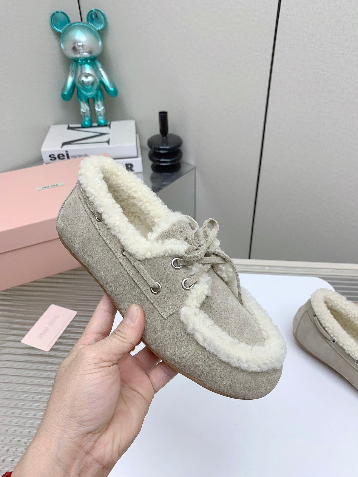Miu 26s Suede Shearling Moccasin Loafers Beige 160283