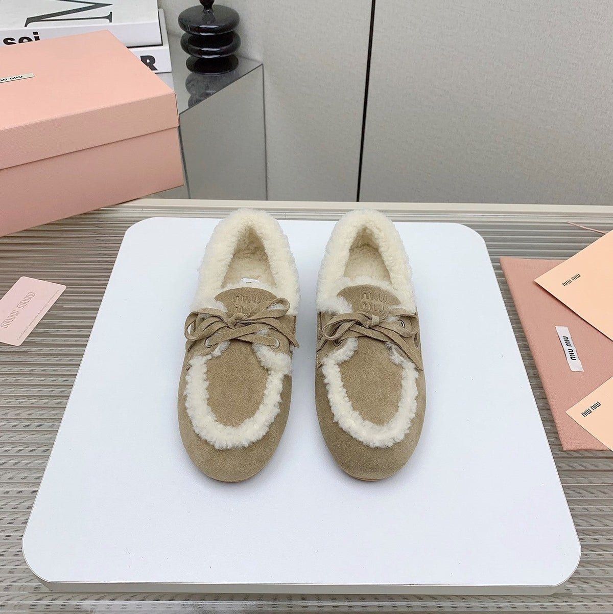 Miu 26s Suede Shearling Moccasin Loafers Khaki 160282