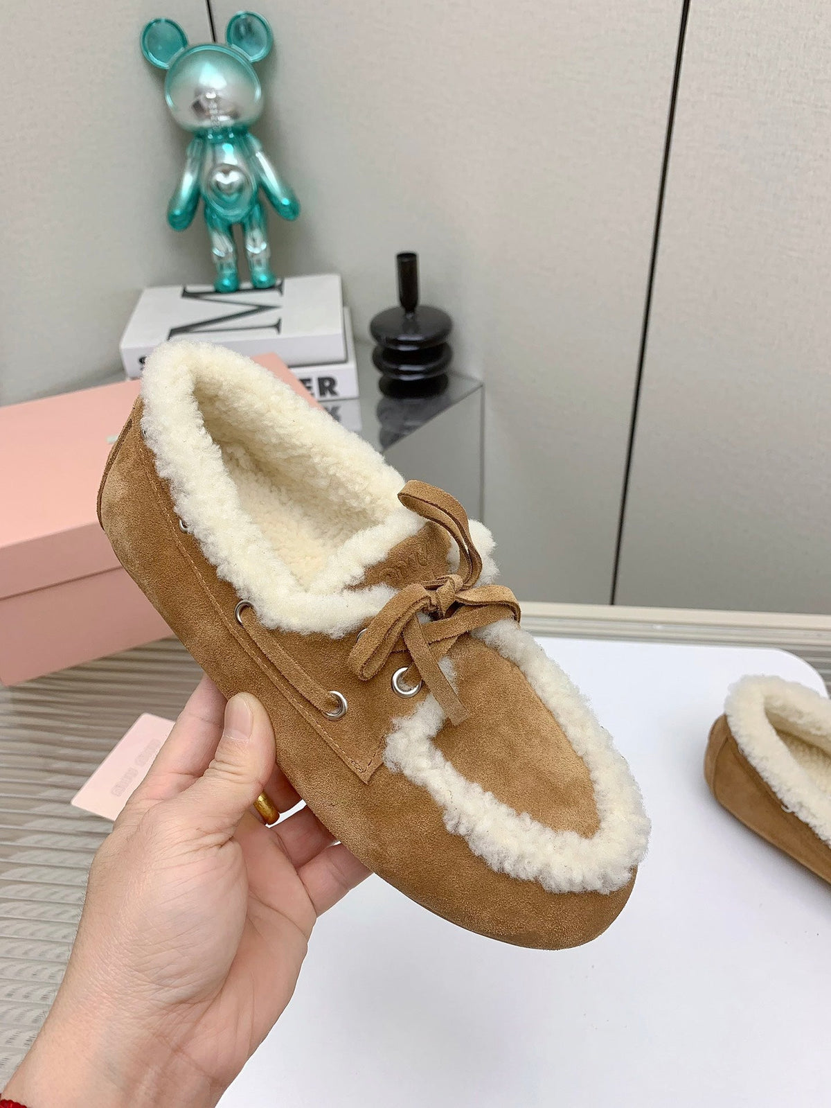 Miu 26s Suede Shearling Moccasin Loafers Tan 160281