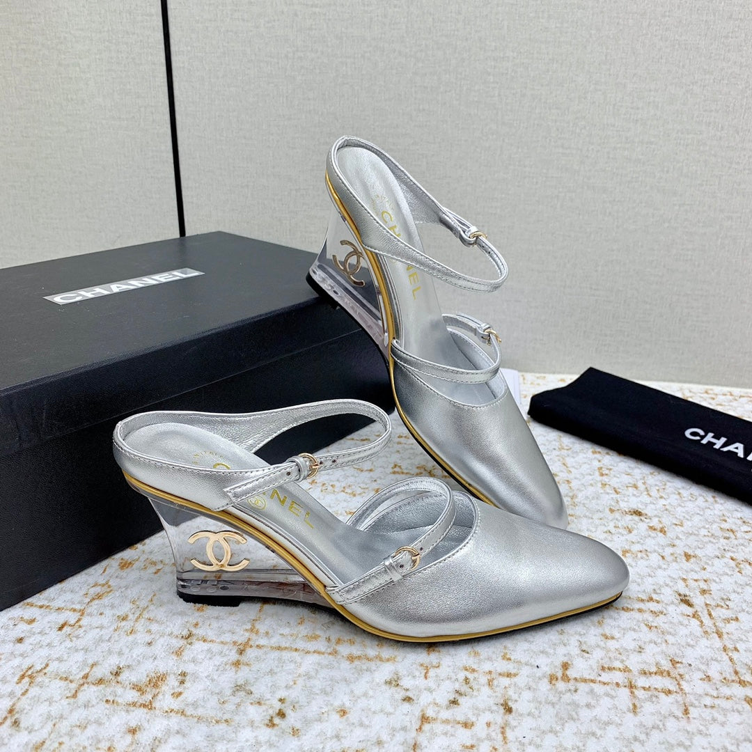 CC 26s Wedge Sandals 10cm Silver Leather 163572