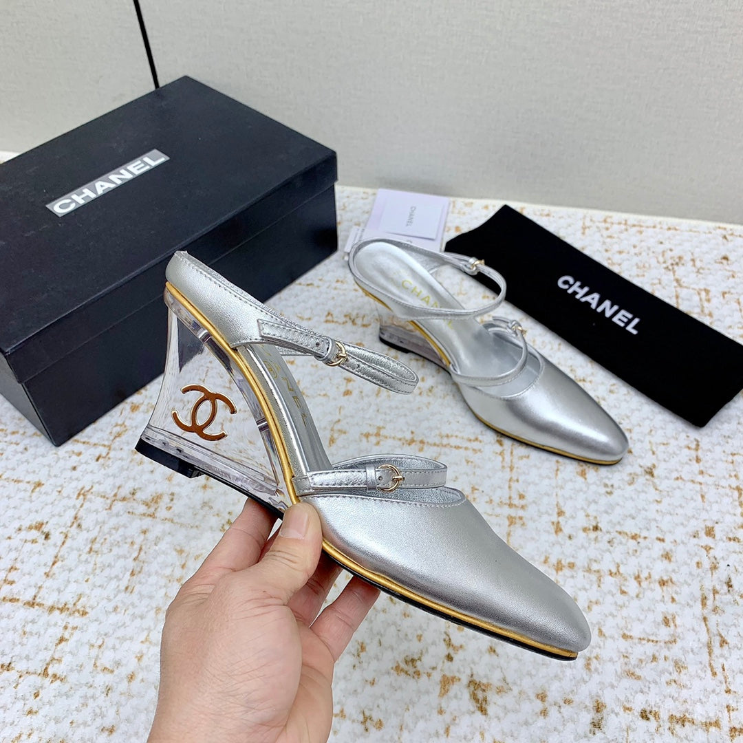CC 26s Wedge Sandals 10cm Silver Leather 163572