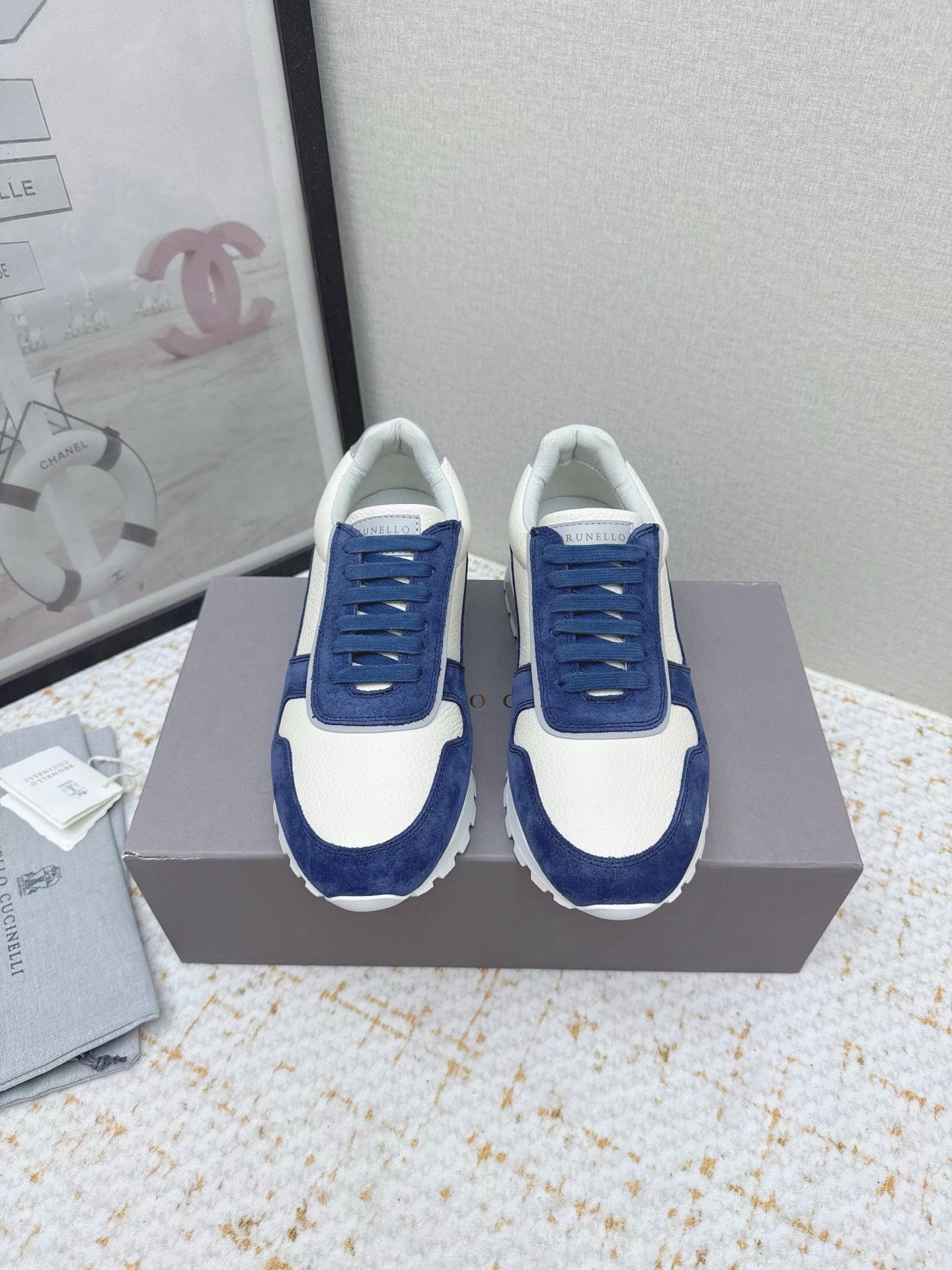 Brunello Panelled Sneakers Ivory Blue Grain Leather Suede 625363