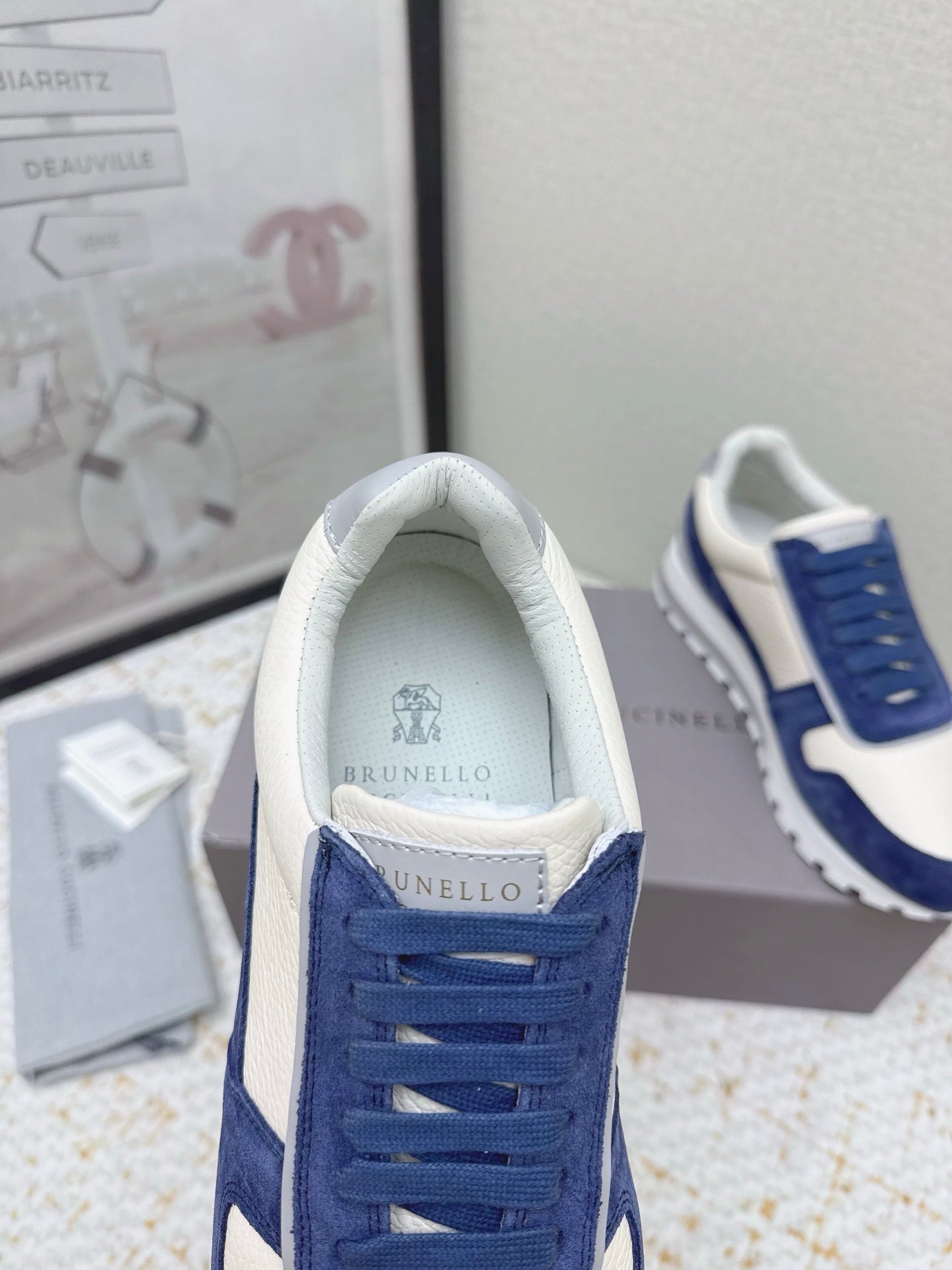 Brunello Panelled Sneakers Ivory Blue Grain Leather Suede 625363