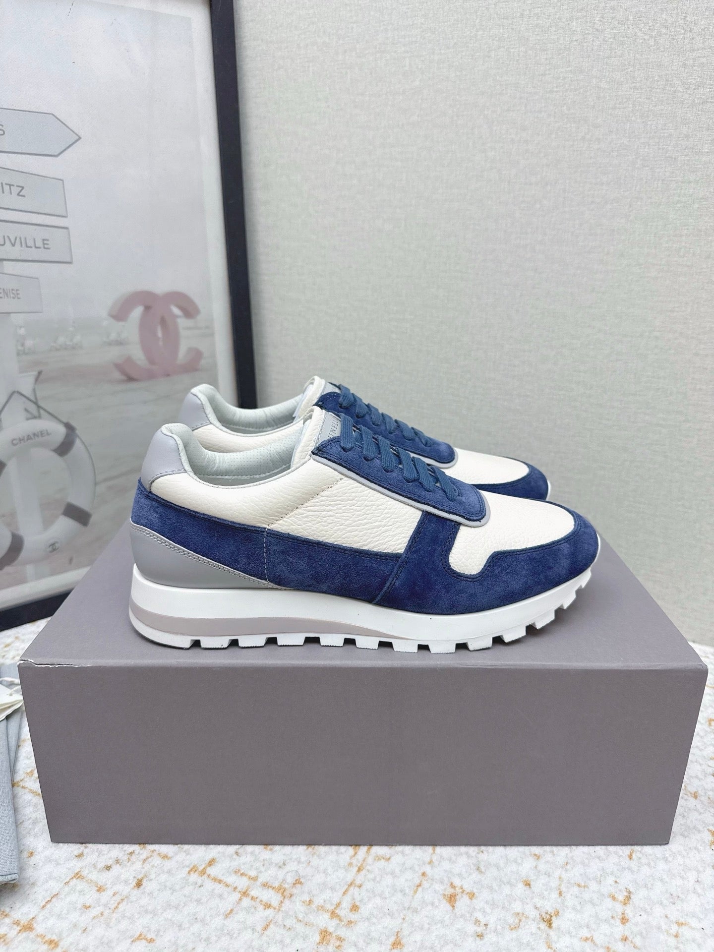 Brunello Panelled Sneakers Ivory Blue Grain Leather Suede 625363