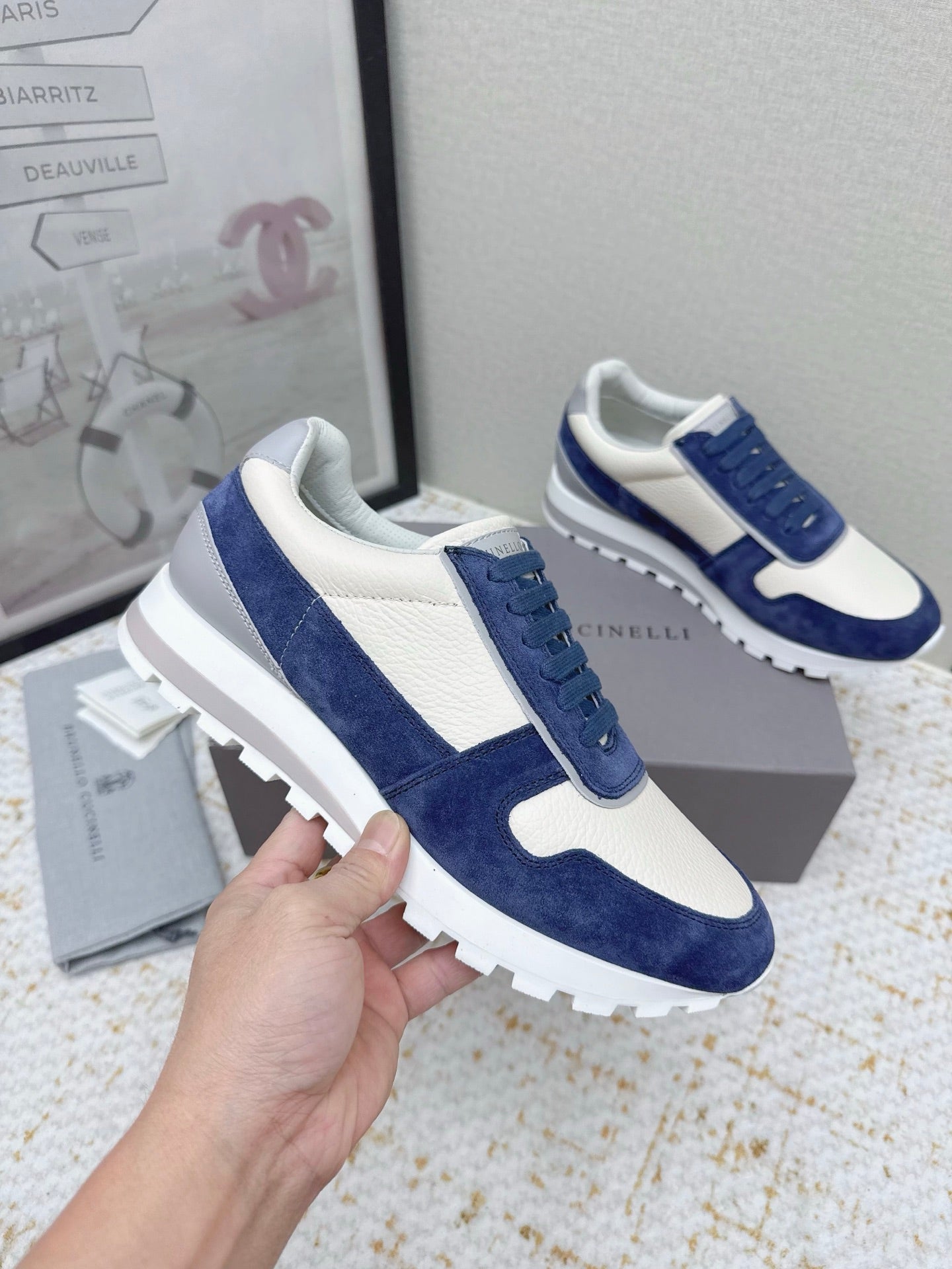 Brunello Panelled Sneakers Ivory Blue Grain Leather Suede 625363