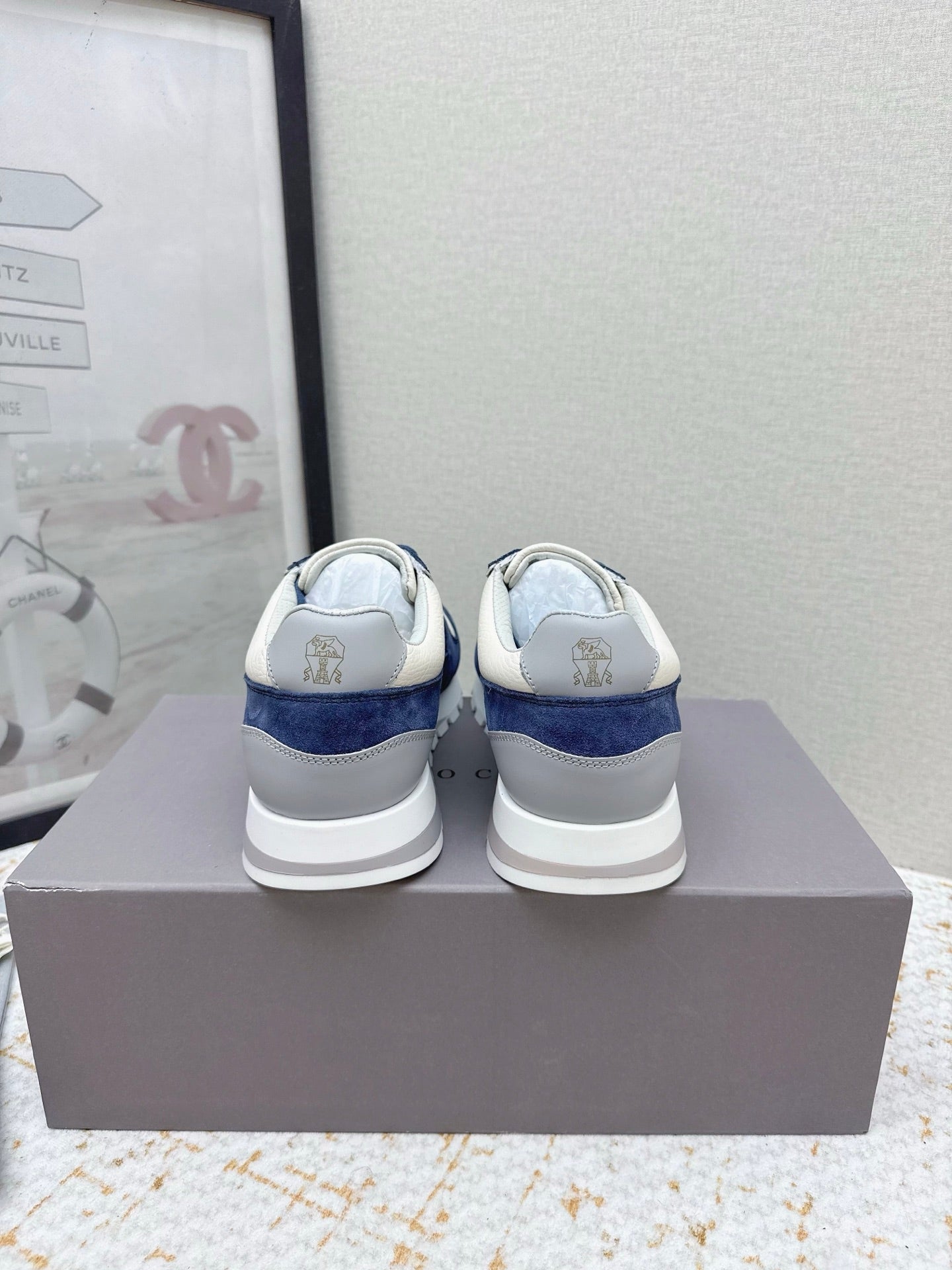 Brunello Panelled Sneakers Ivory Blue Grain Leather Suede 625363