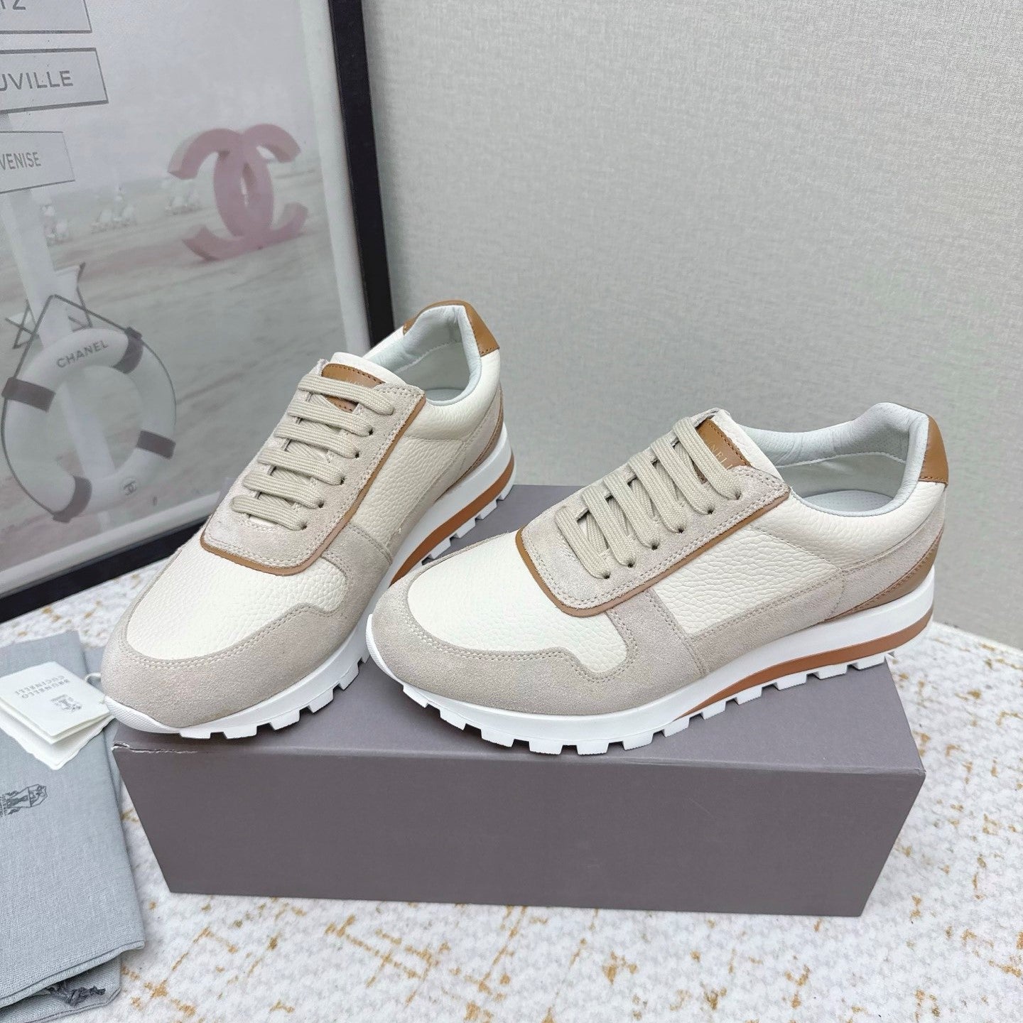 Brunello Panelled Sneakers Beige Taupe Grain Leather Suede 625367