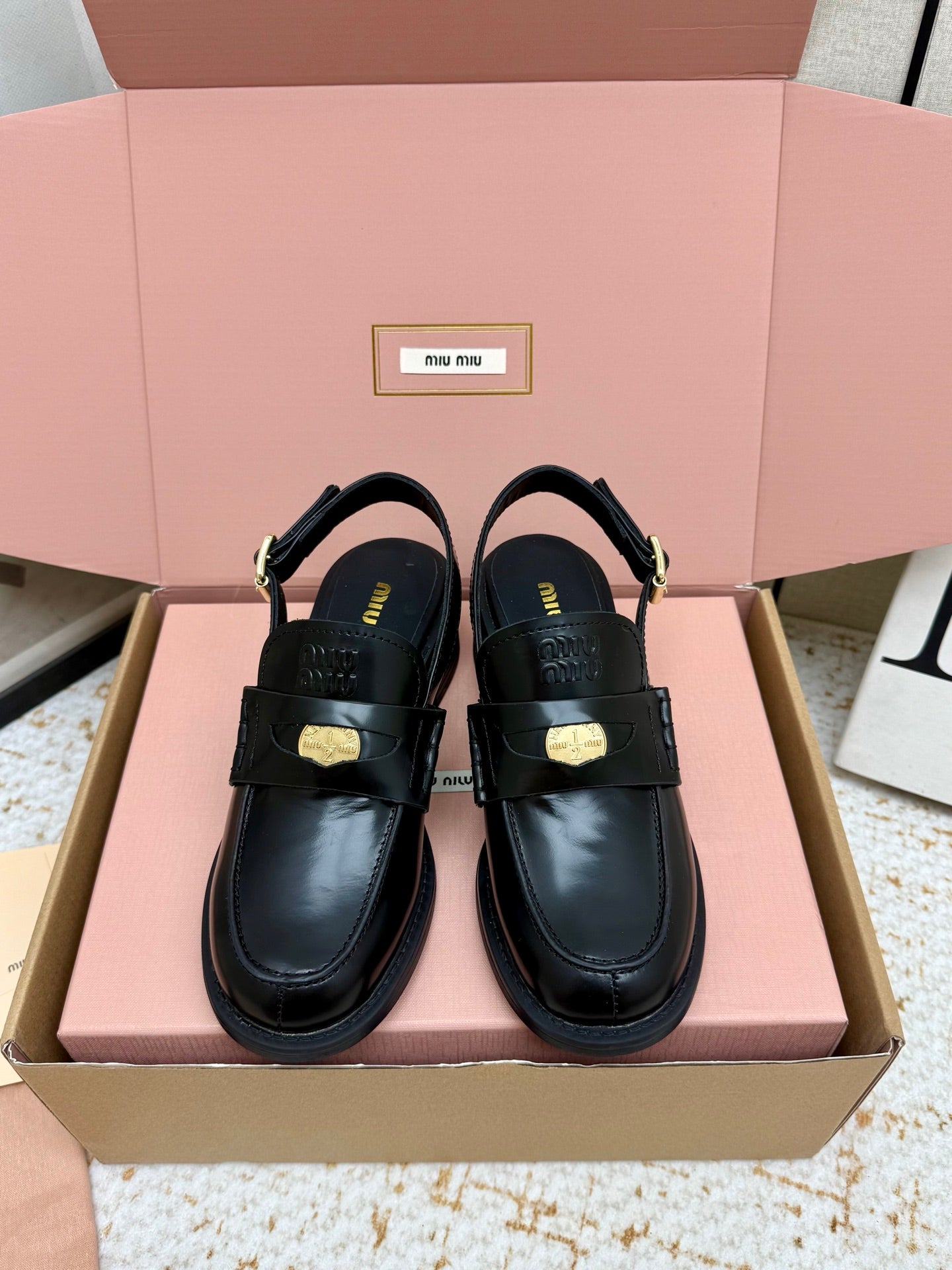 Miu Vintage-Effect Penny Slingback Black Leather 791002
