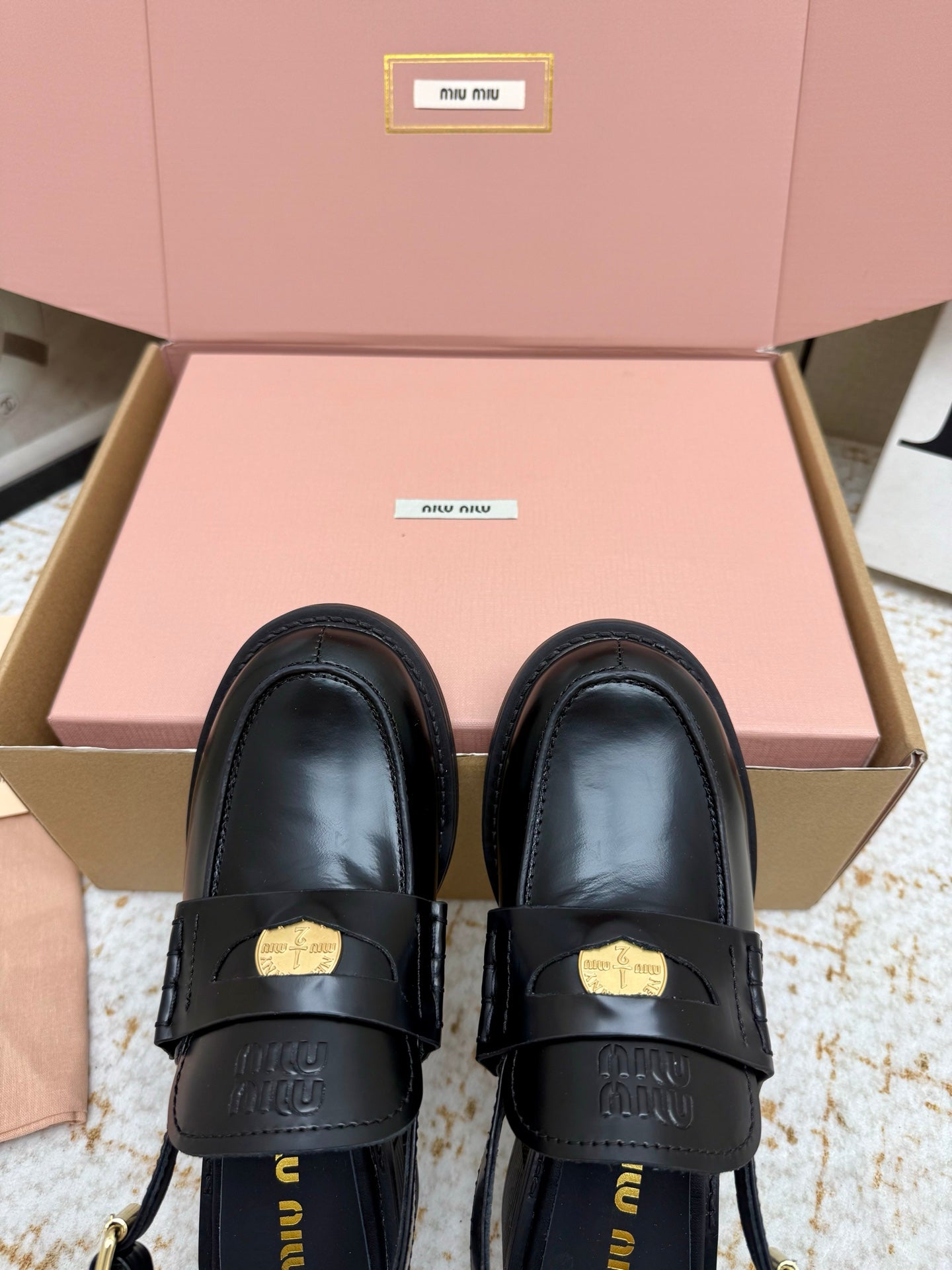 Miu Vintage-Effect Penny Slingback Black Leather 791002