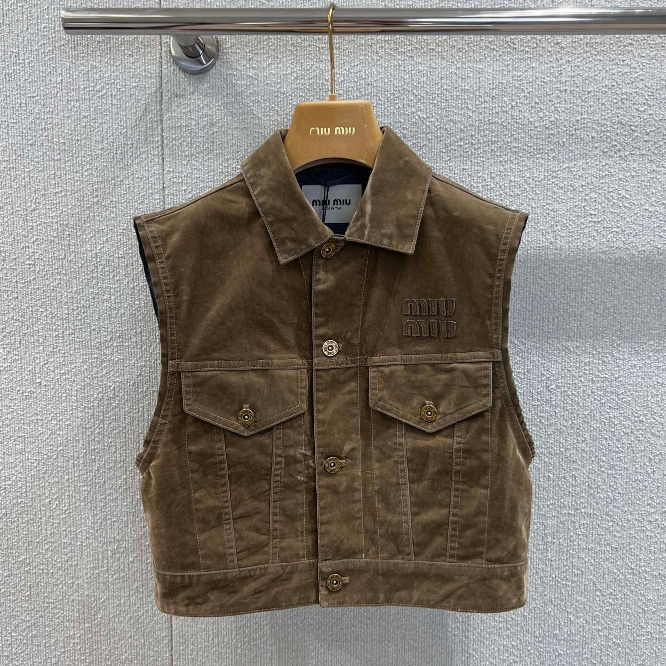 Miumiu 2026 Denim Short Vest Jacket Brown Cotton