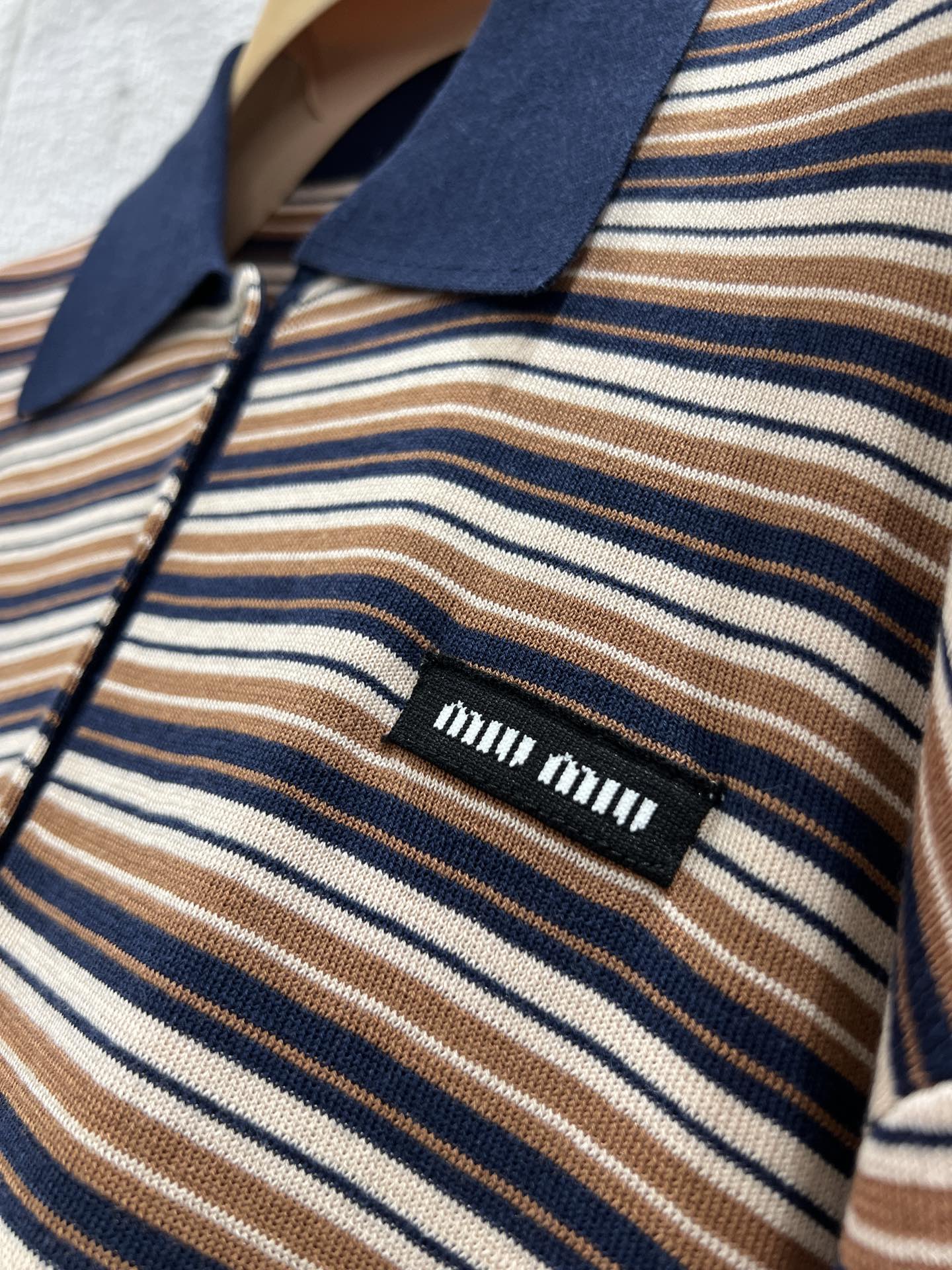 Miumiu 2026 Striped Long-sleeve Knit Polo Shirt Beige Brown Multicolour Wool 349007