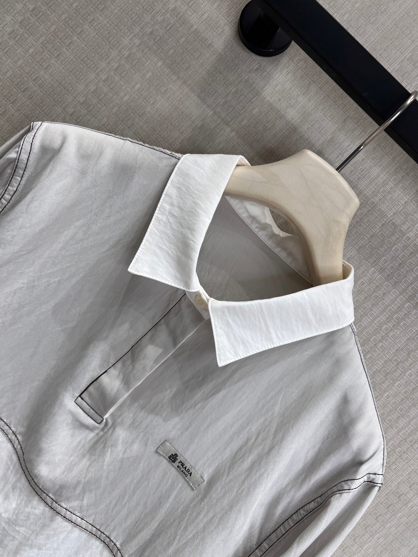 Prada Chambray Jersey Polo Shirt White Grey Cotton