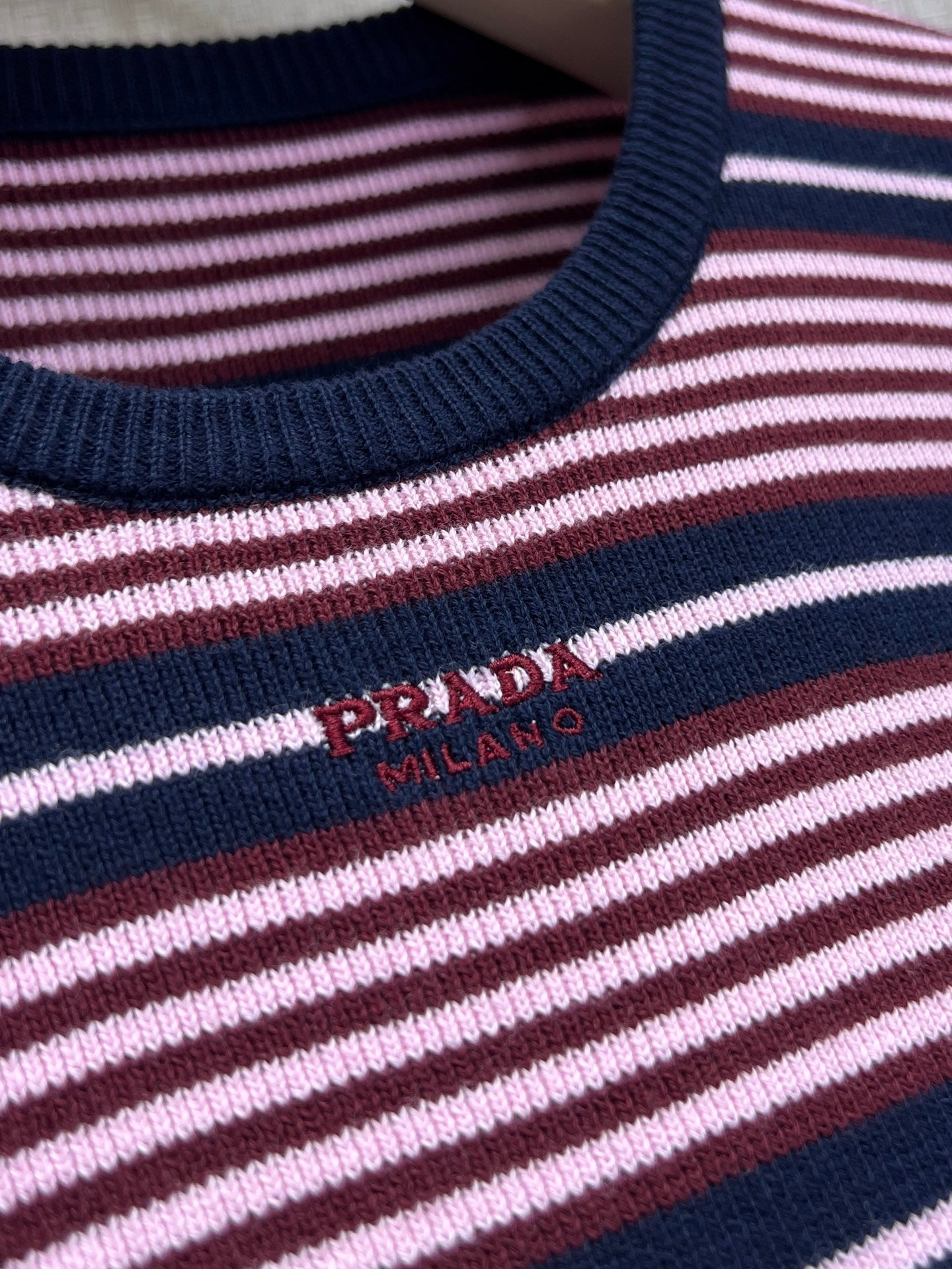 Prada Short-Sleeved Striped Sweater Black Pink Cotton