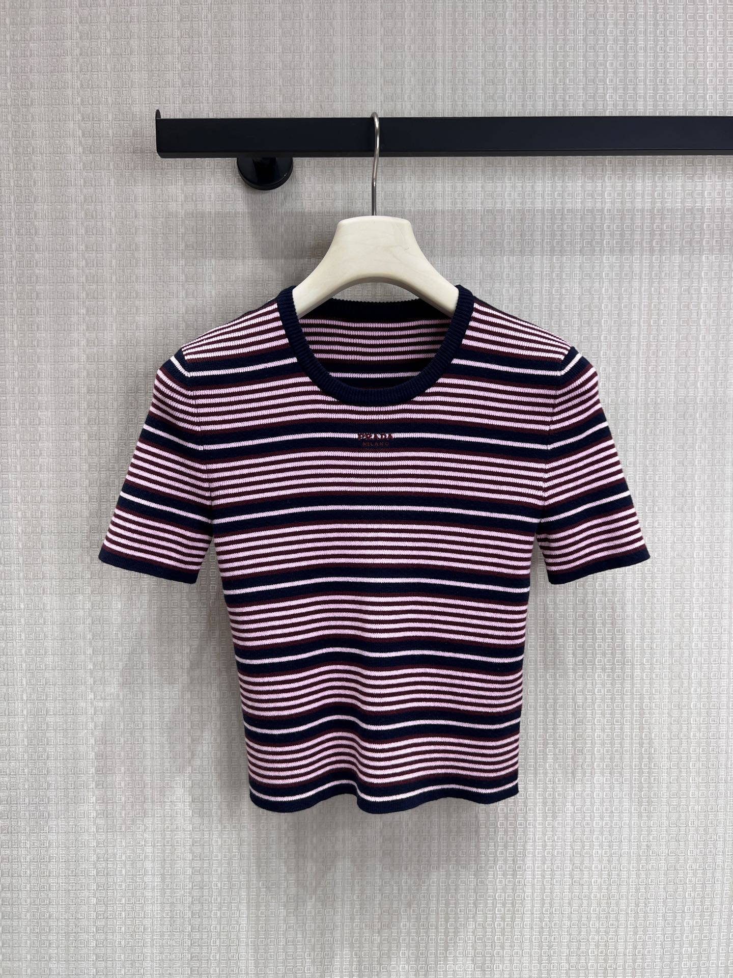 Prada Short-Sleeved Striped Sweater Black Pink Cotton