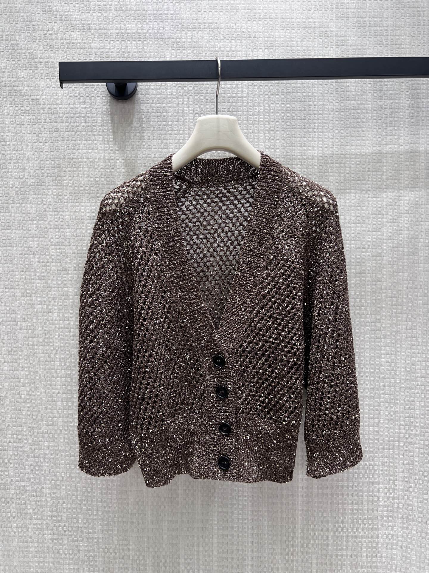 BC Open Knit V-Neck Cardigan Coffee Sequinned Polyester 402797