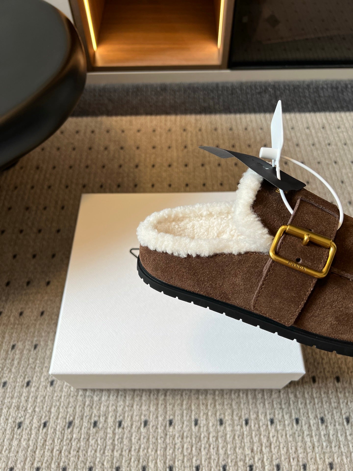 Prada 26s Clogs Coffee Suede Shearling 971696