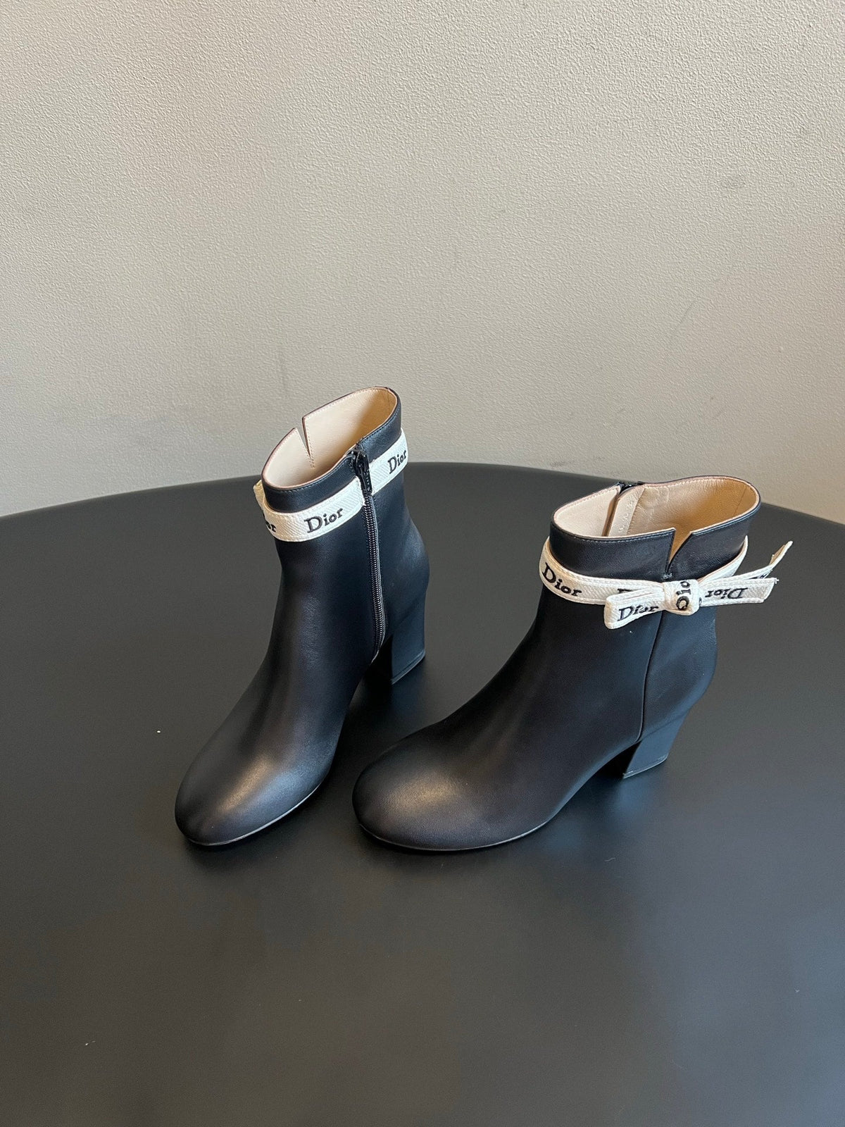 CD 26s J'Adior Heeled Ankle Boots Black Ribbon Calfskin 132485