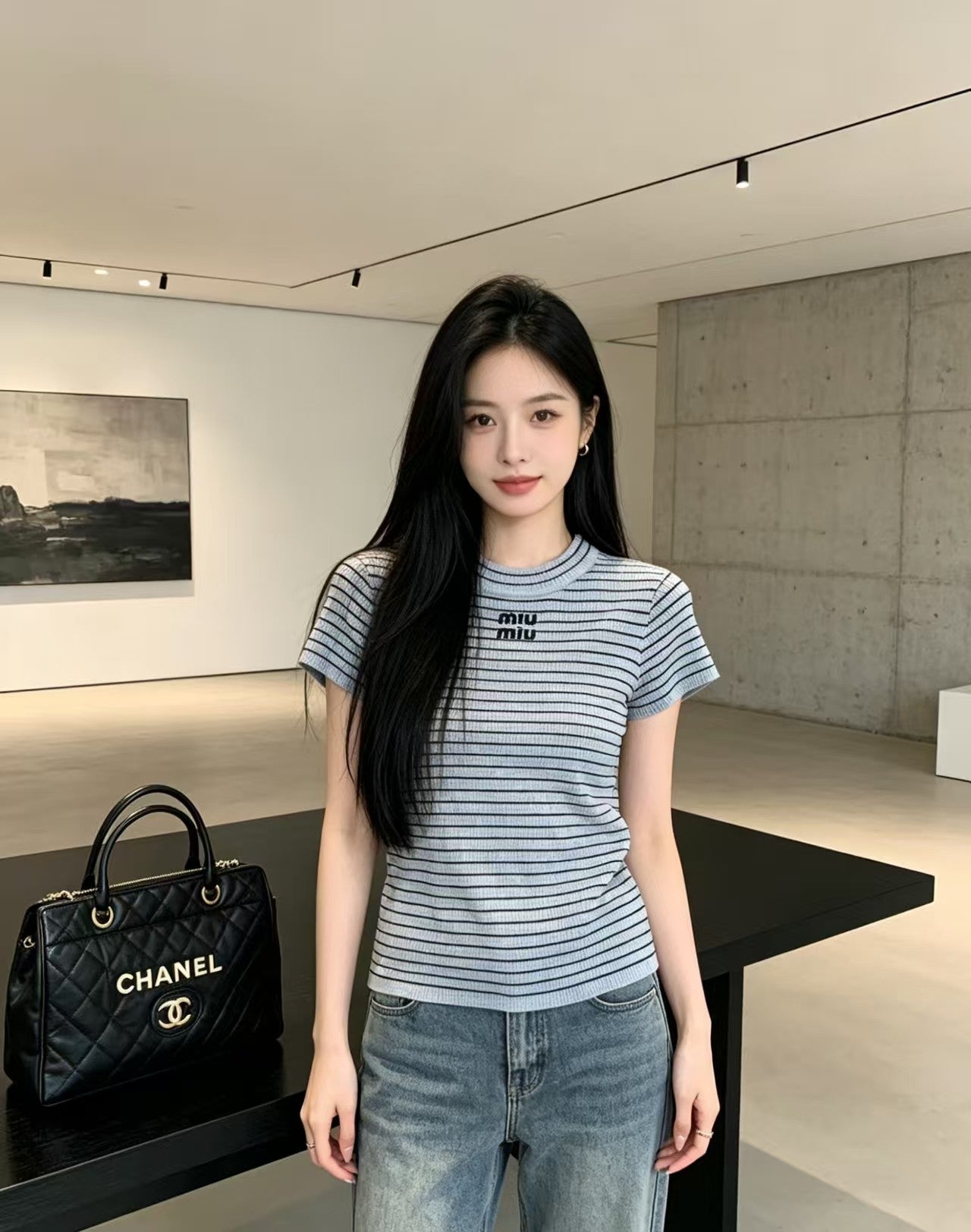 Miu Striped Logo Knit Short Sleeve Blue Black Cotton