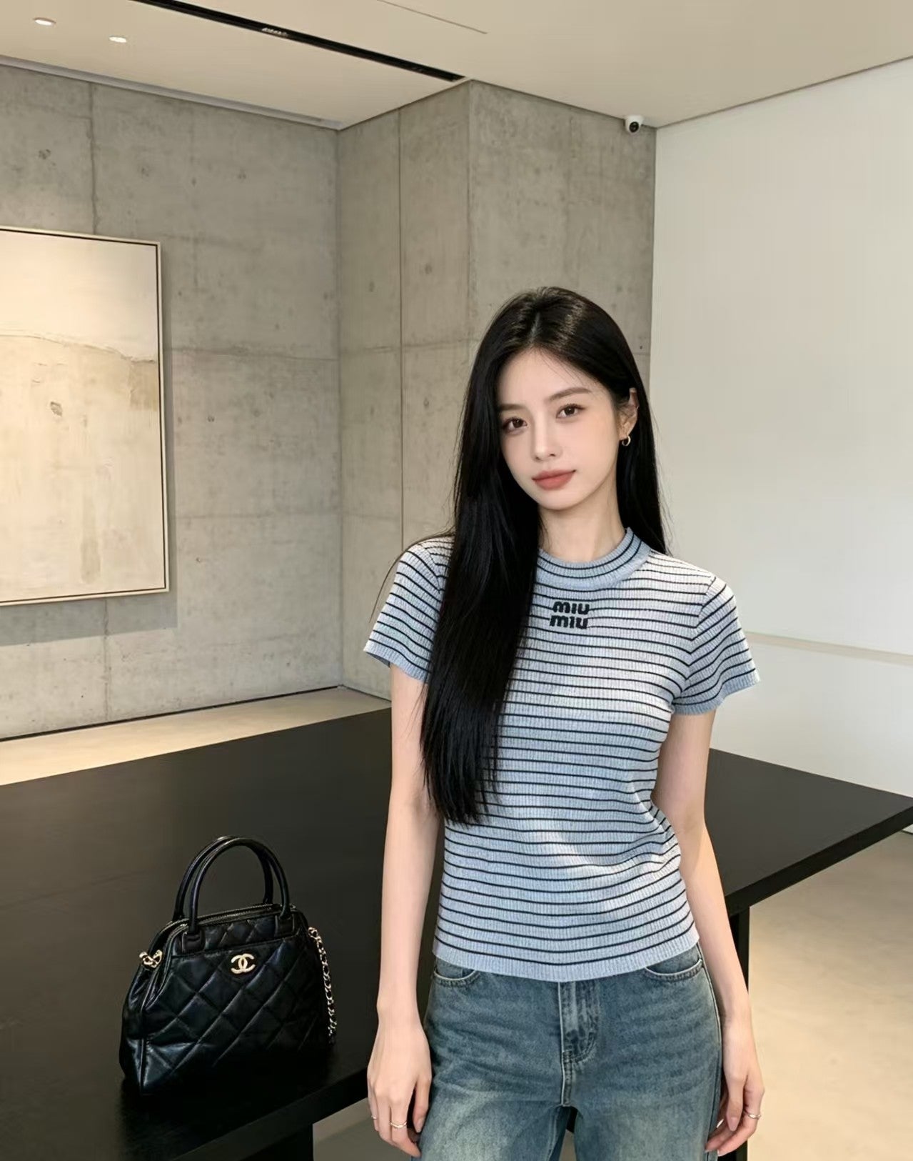 Miu Striped Logo Knit Short Sleeve Blue Black Cotton